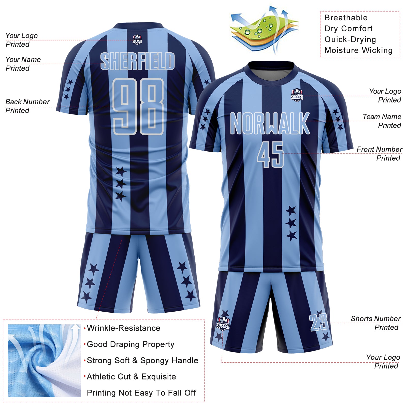 Custom Navy Light Blue-White Stars And Stripes Sports Sublimation Soccer Uniform Jersey