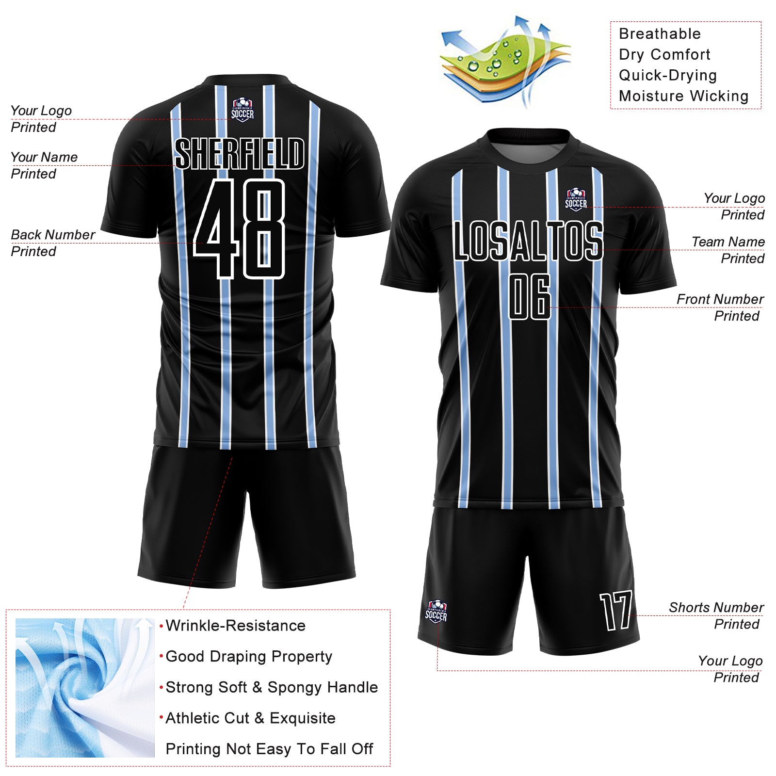 Custom Black Light Blue-White Stripe Line Sublimation Soccer Uniform Jersey