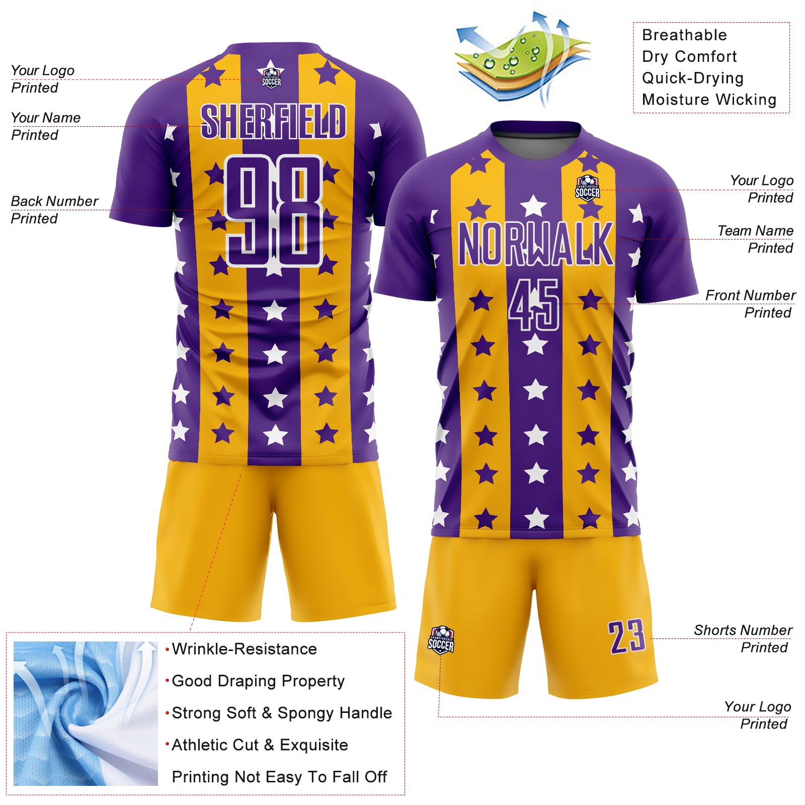 Custom Purple Gold-White Stars And Stripes Sublimation Soccer Uniform Jersey