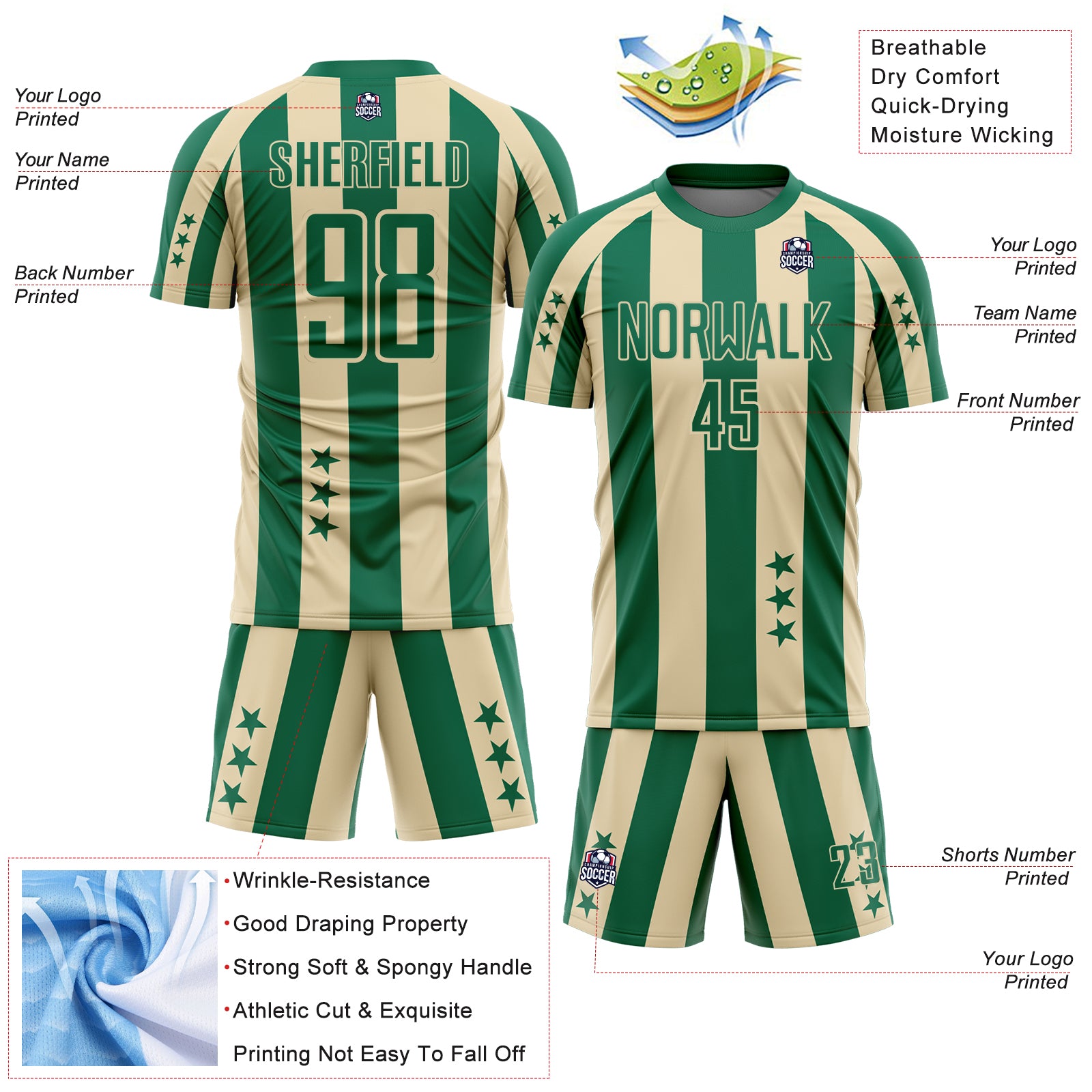 Custom Kelly Green Cream Stars And Stripes Sports Sublimation Soccer Uniform Jersey