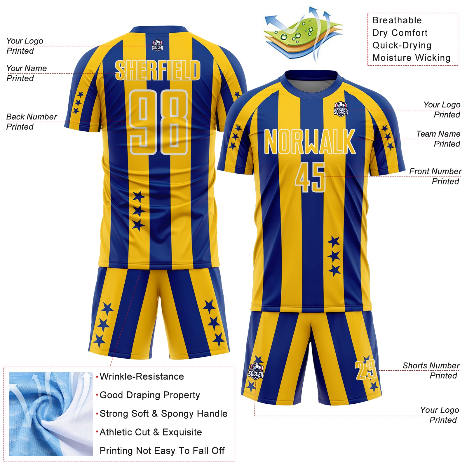 Custom Royal Yellow-White Stars And Stripes Sports Sublimation Soccer Uniform Jersey