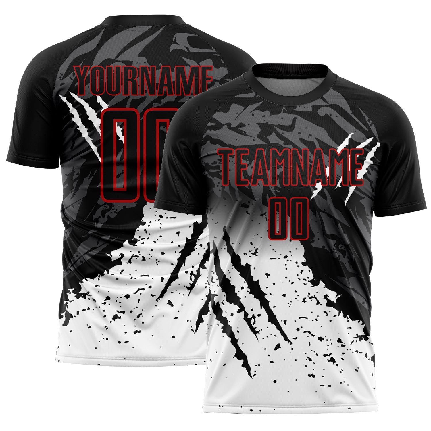 Custom Black White-Red Gradient Scratch Splash Sublimation Soccer Uniform Jersey