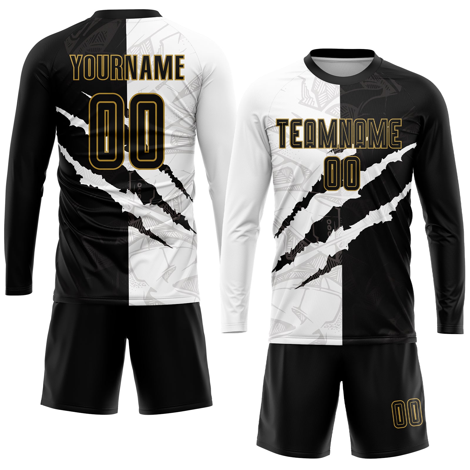 Custom Graffiti Pattern Black-Old Gold Scratch Sublimation Soccer Uniform Jersey