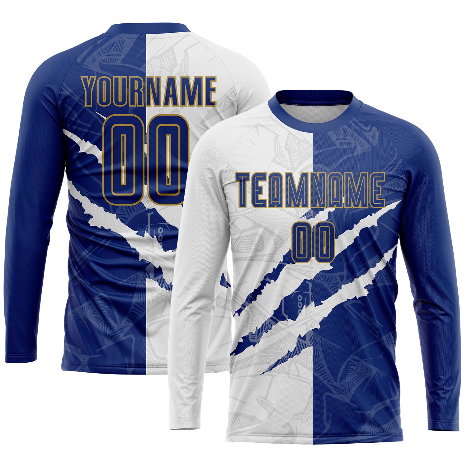 Custom Graffiti Pattern Royal White-Old Gold Scratch Sublimation Soccer Uniform Jersey