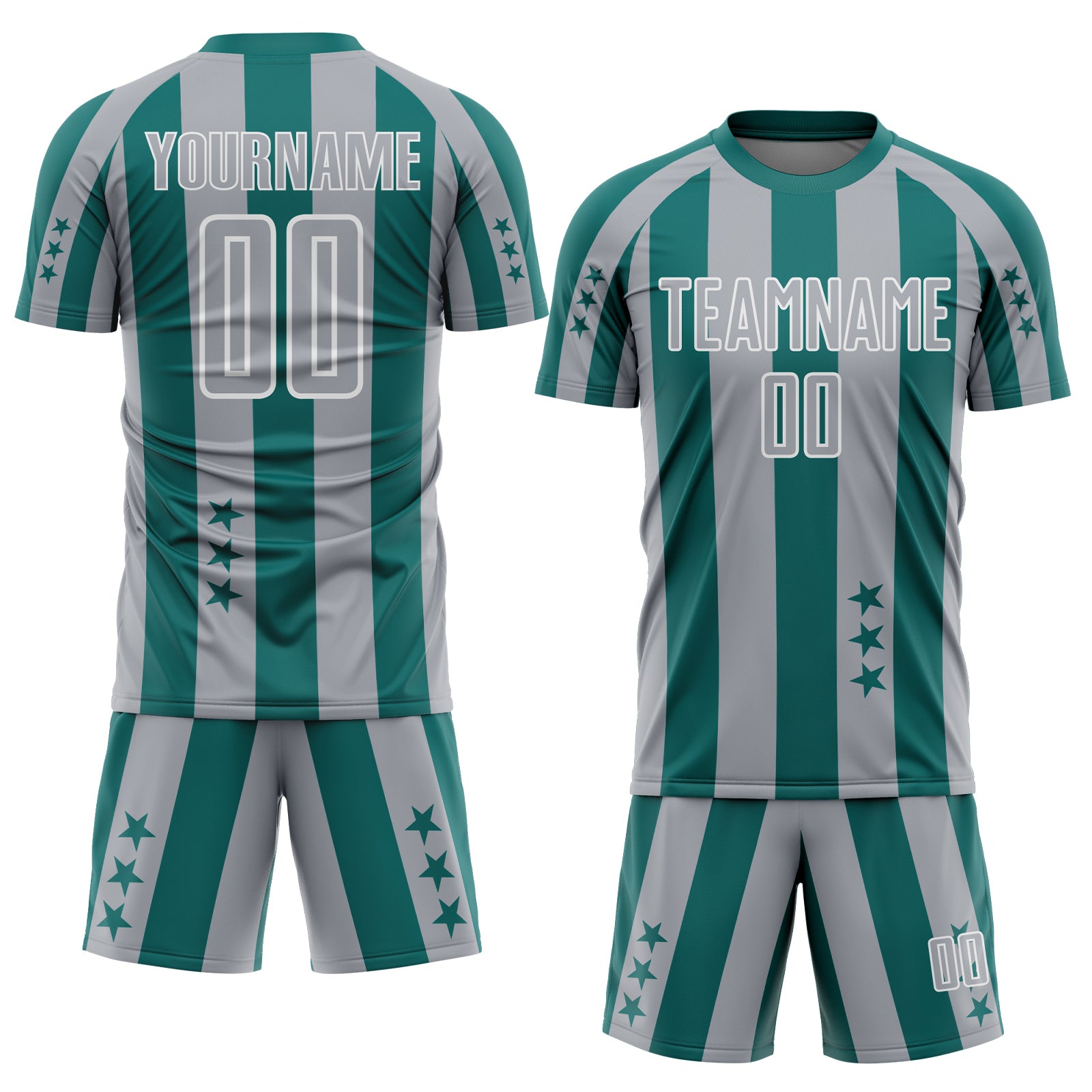 Custom Teal Gray-White Stars And Stripes Sports Sublimation Soccer Uniform Jersey