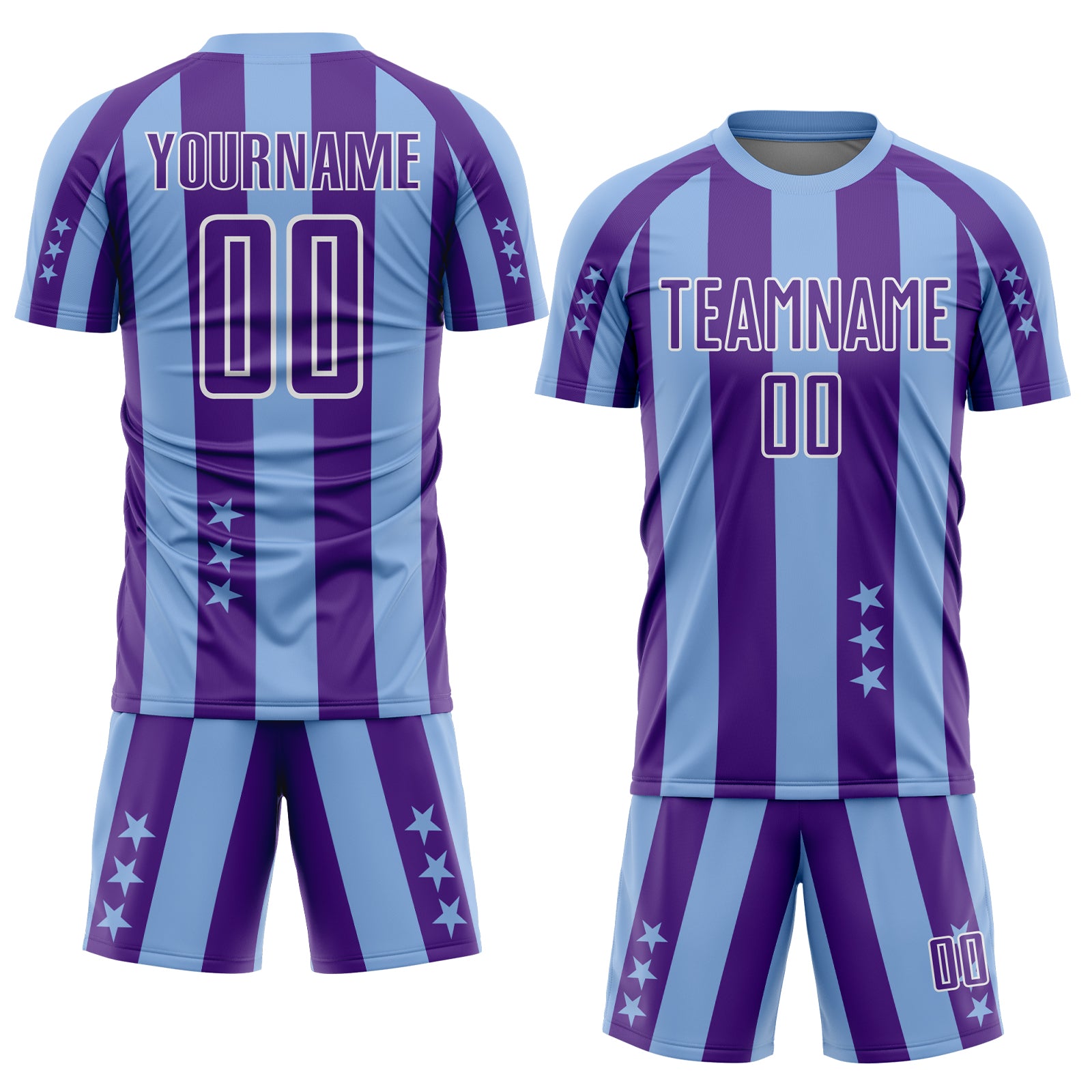 Custom Light Blue Purple-White Stars And Stripes Sports Sublimation Soccer Uniform Jersey