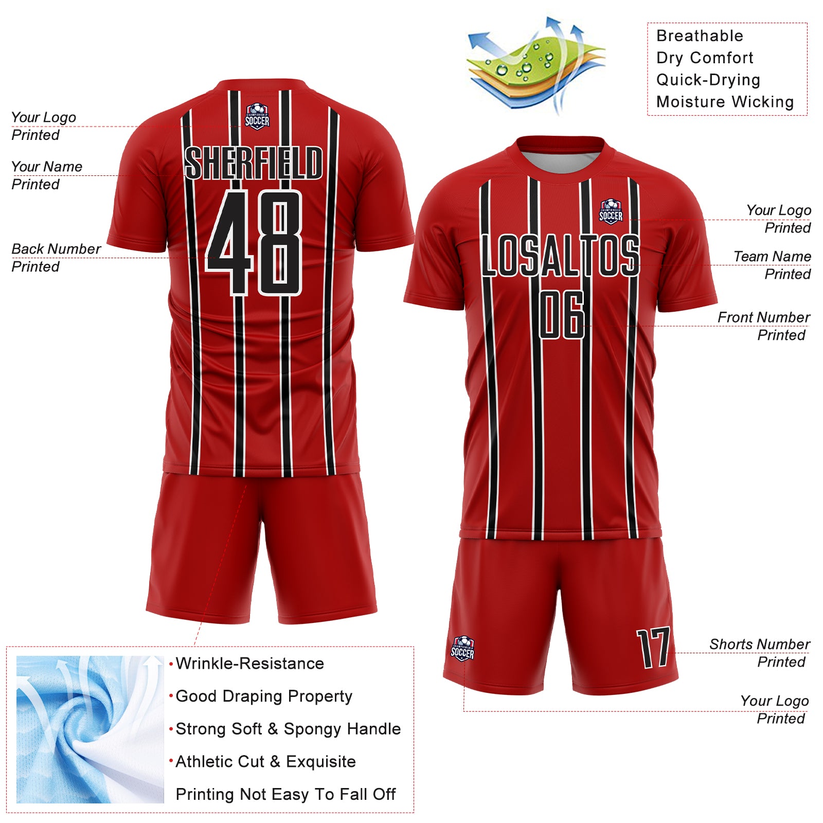 Custom Red Black-White Stripe Line Sublimation Soccer Uniform Jersey