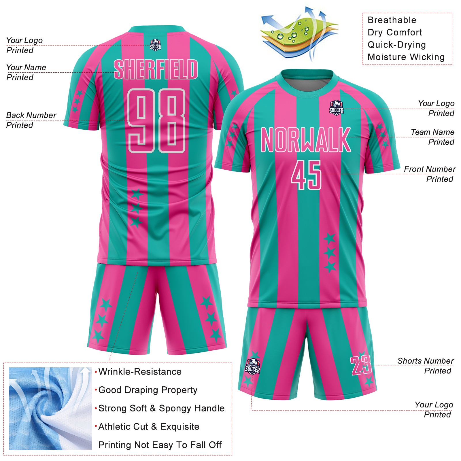 Custom Aqua Pink-White Stars And Stripes Sports Sublimation Soccer Uniform Jersey