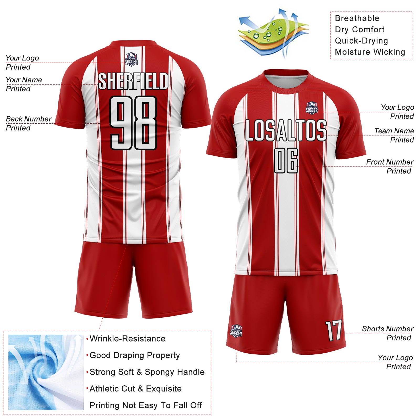 Custom Red White-Black Line Sublimation Soccer Uniform Jersey