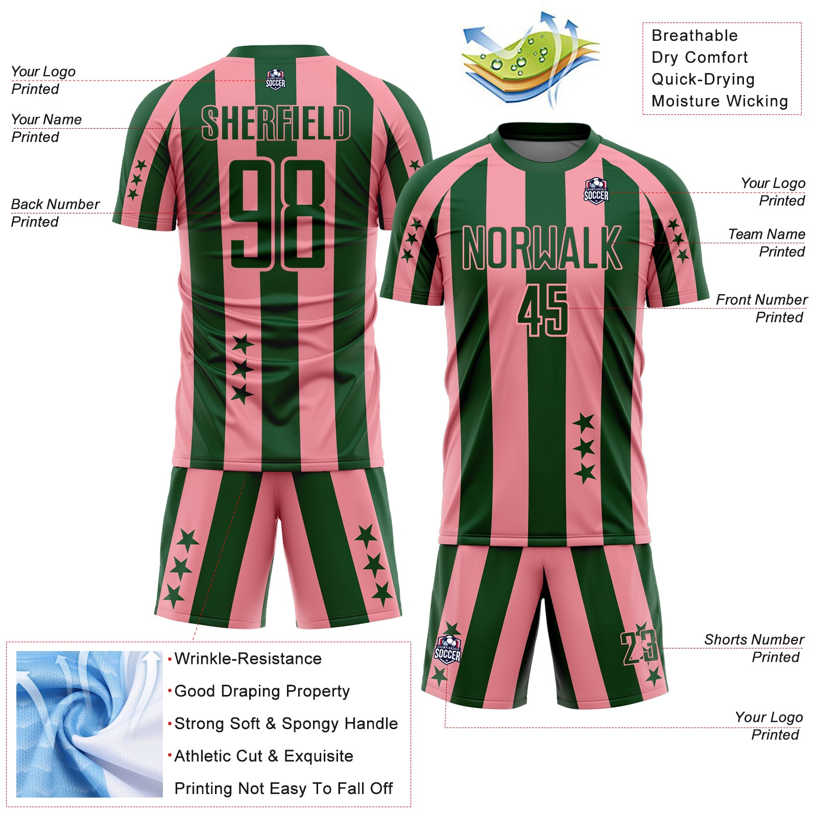 Custom Green Medium Pink Stars And Stripes Sports Sublimation Soccer Uniform Jersey