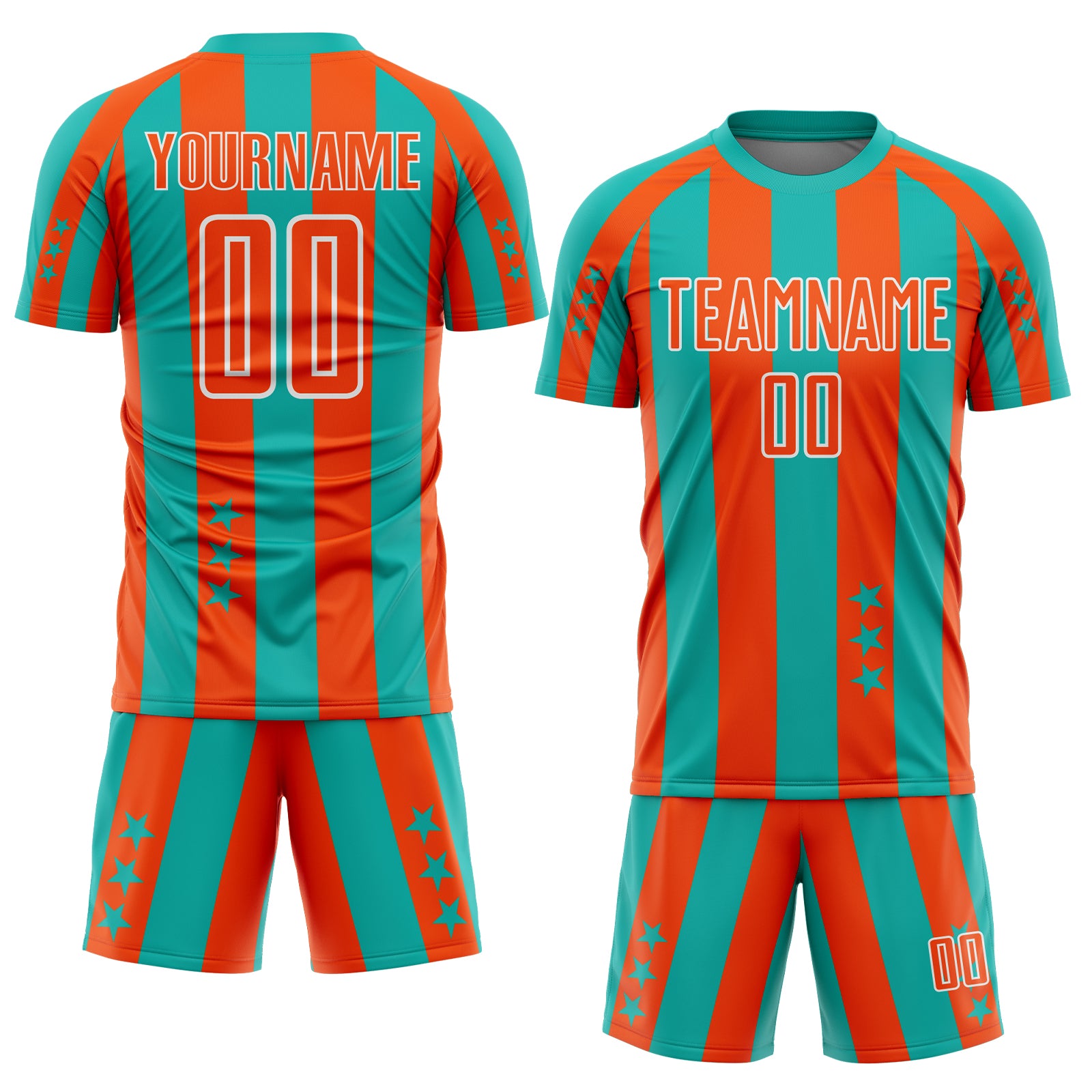 Custom Aqua Orange-White Stars And Stripes Sports Sublimation Soccer Uniform Jersey