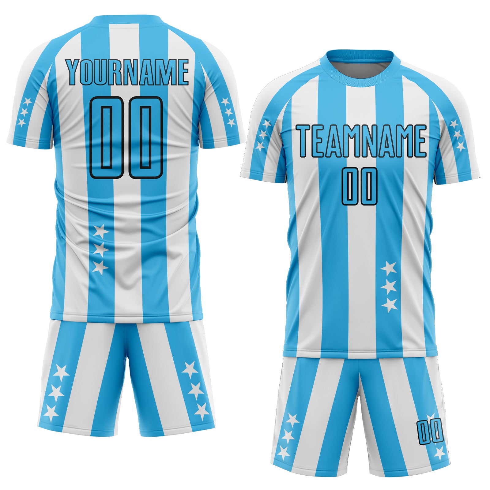 Custom White Sky Blue-Black Stars And Stripes Sublimation Soccer Uniform Jersey