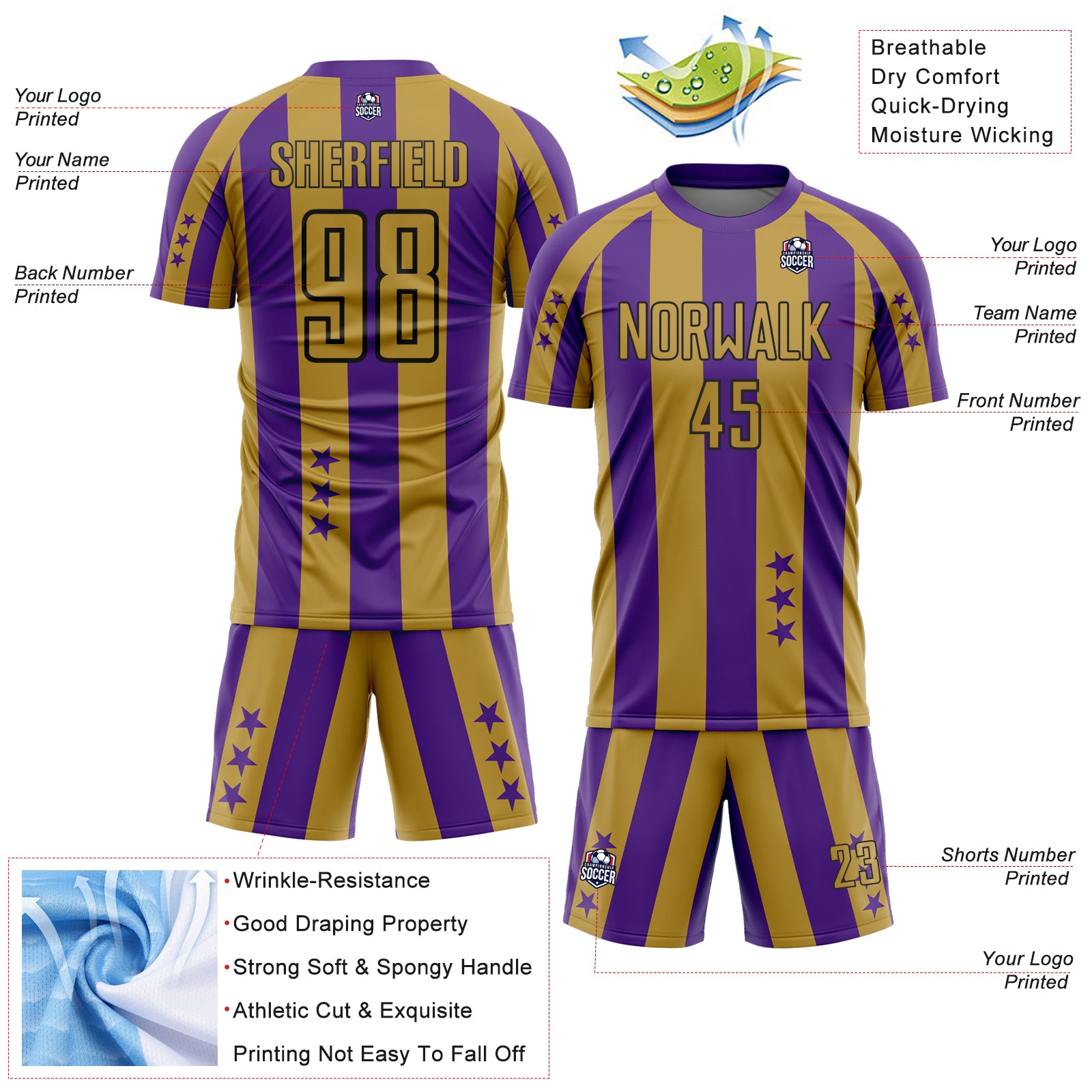 Custom Purple Old Gold-Black Stars And Stripes Sports Sublimation Soccer Uniform Jersey