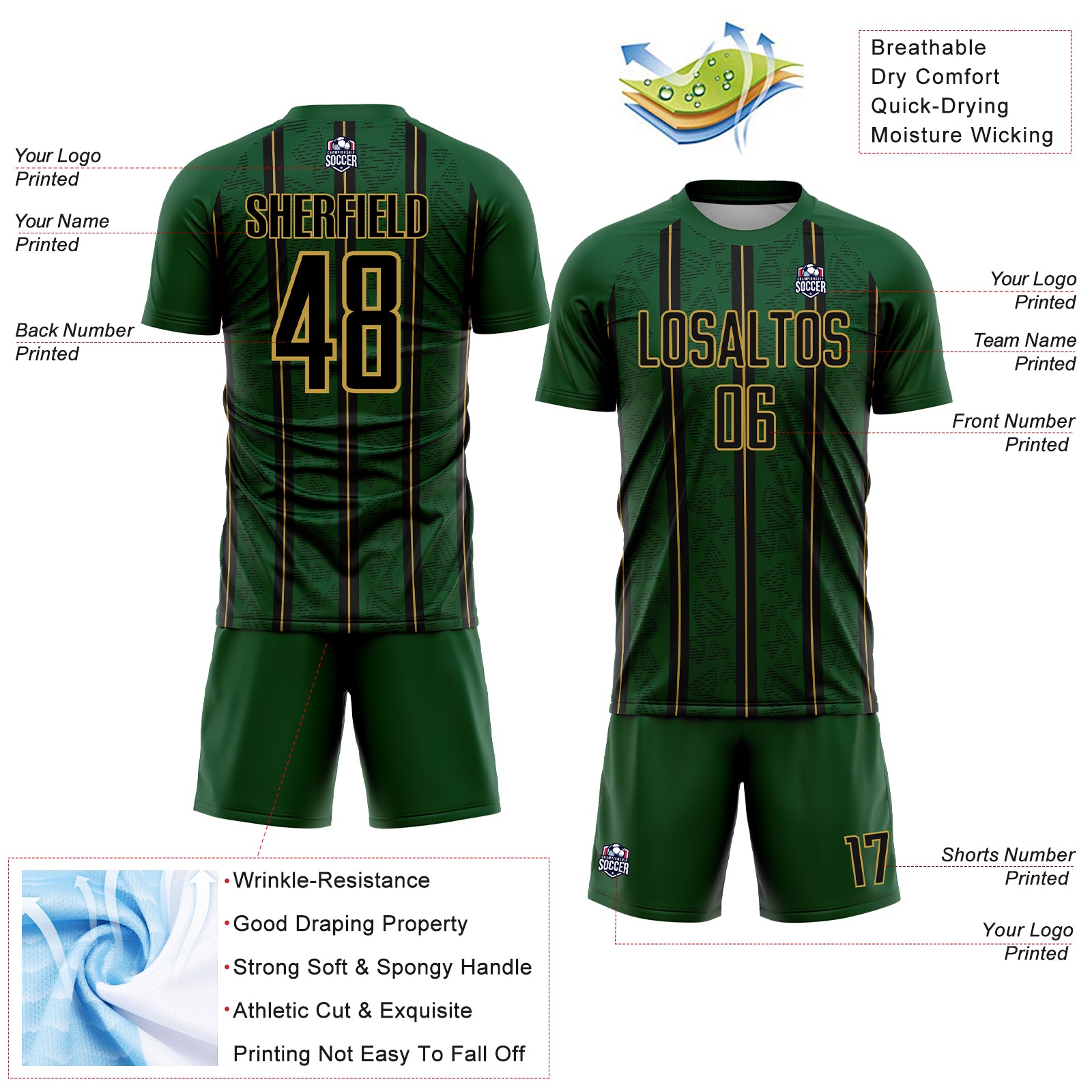 Custom Green Black-Old Gold Stripe Line Sublimation Soccer Uniform Jersey
