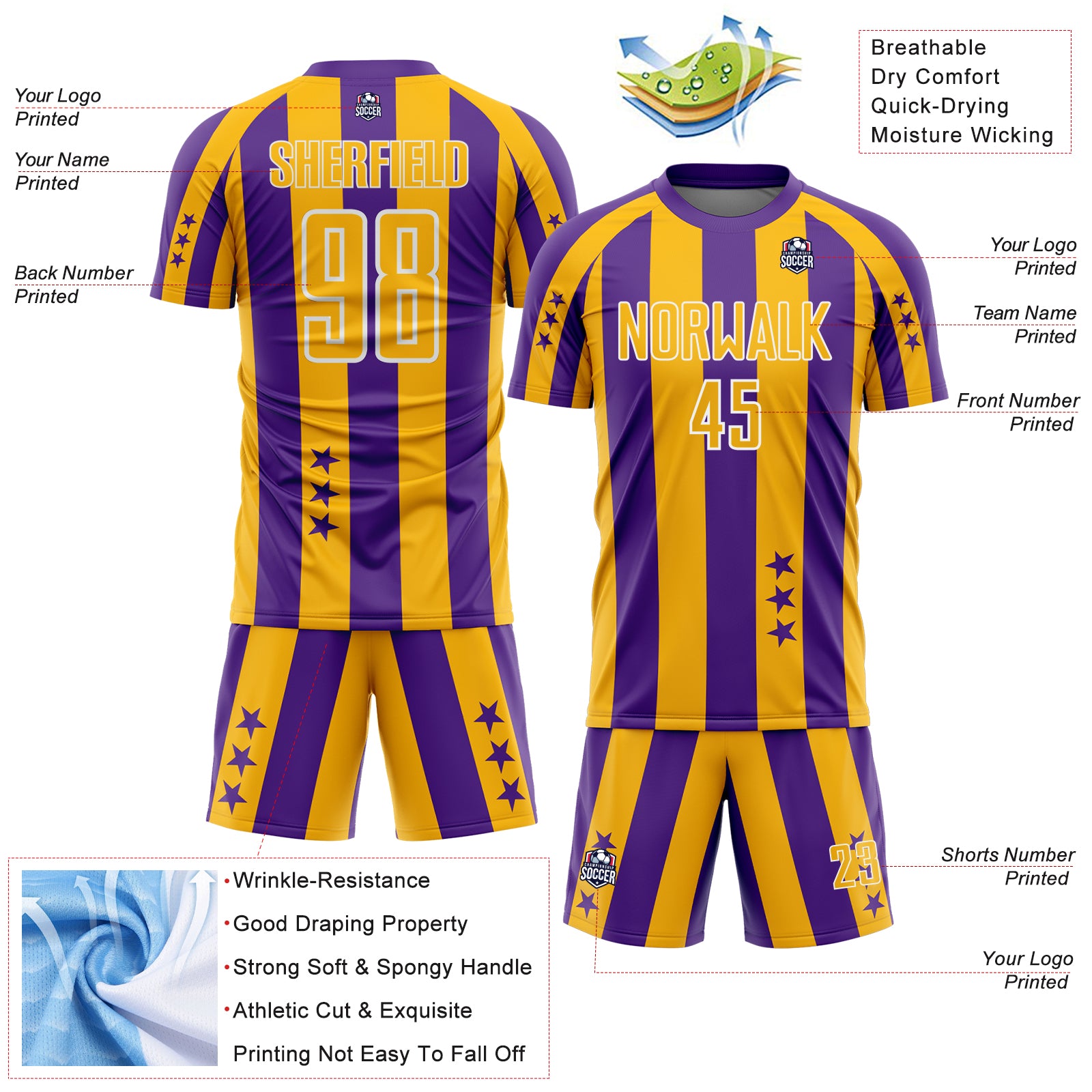 Custom Purple Gold-Black Stars And Stripes Sports Sublimation Soccer Uniform Jersey