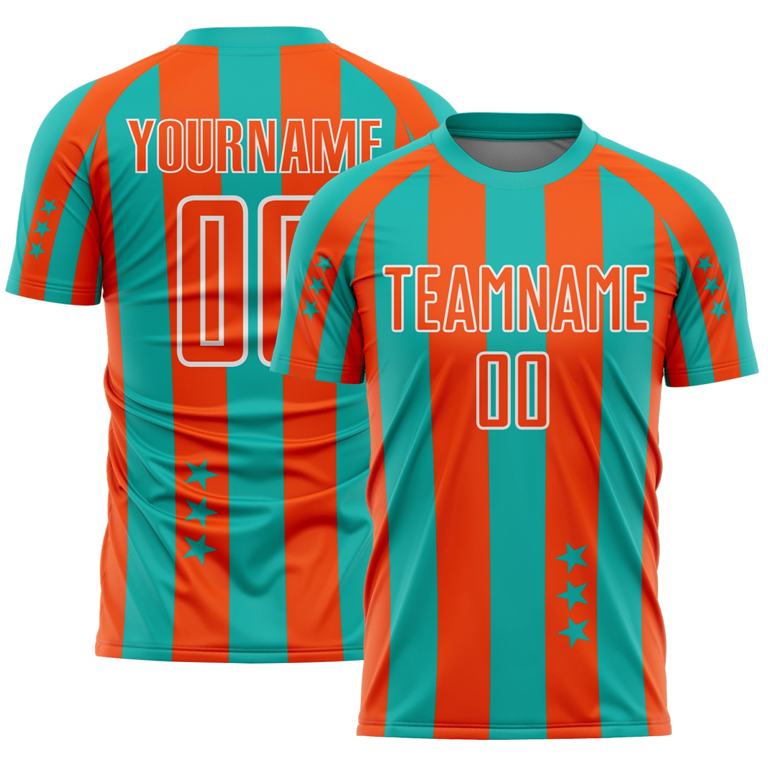 Custom Aqua Orange-White Stars And Stripes Sports Sublimation Soccer Uniform Jersey