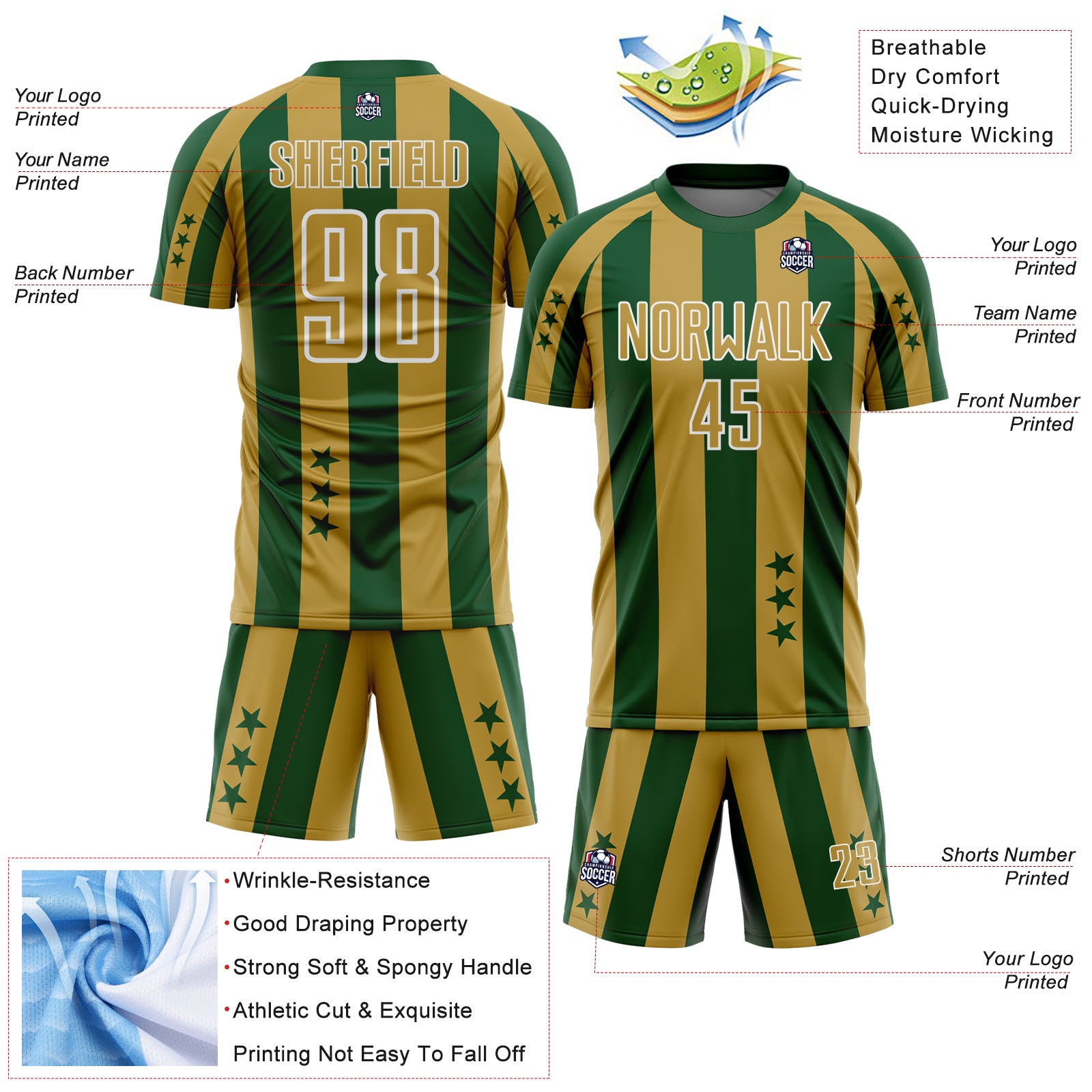 Custom Green Old Gold-White Stars And Stripes Sports Sublimation Soccer Uniform Jersey