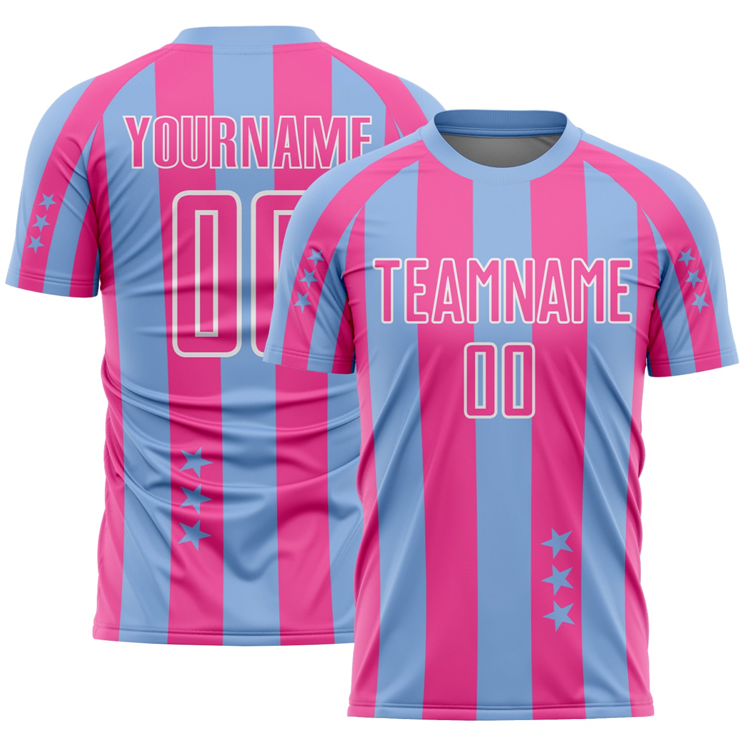Custom Light Blue Pink-White Stars And Stripes Sports Sublimation Soccer Uniform Jersey