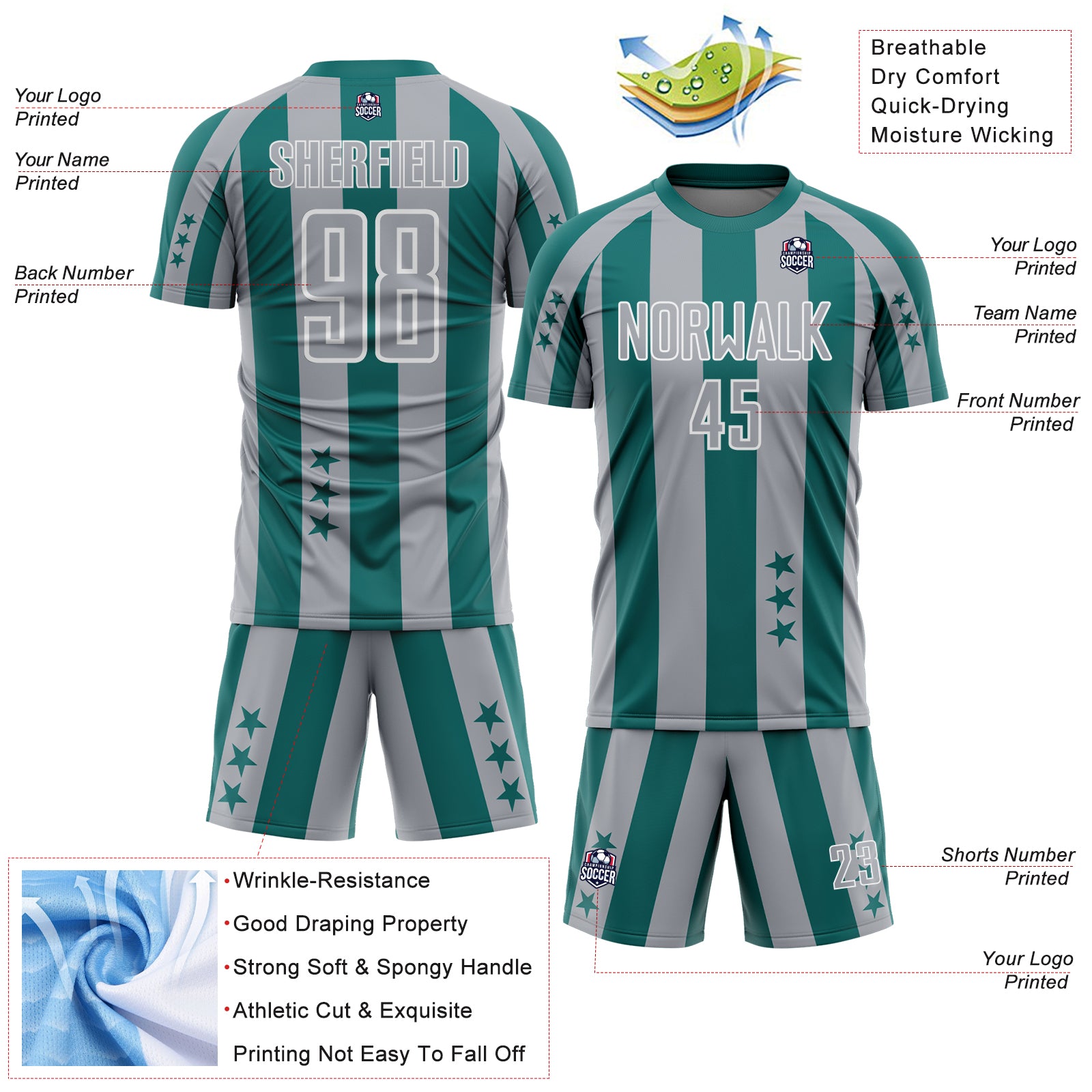 Custom Teal Gray-White Stars And Stripes Sports Sublimation Soccer Uniform Jersey