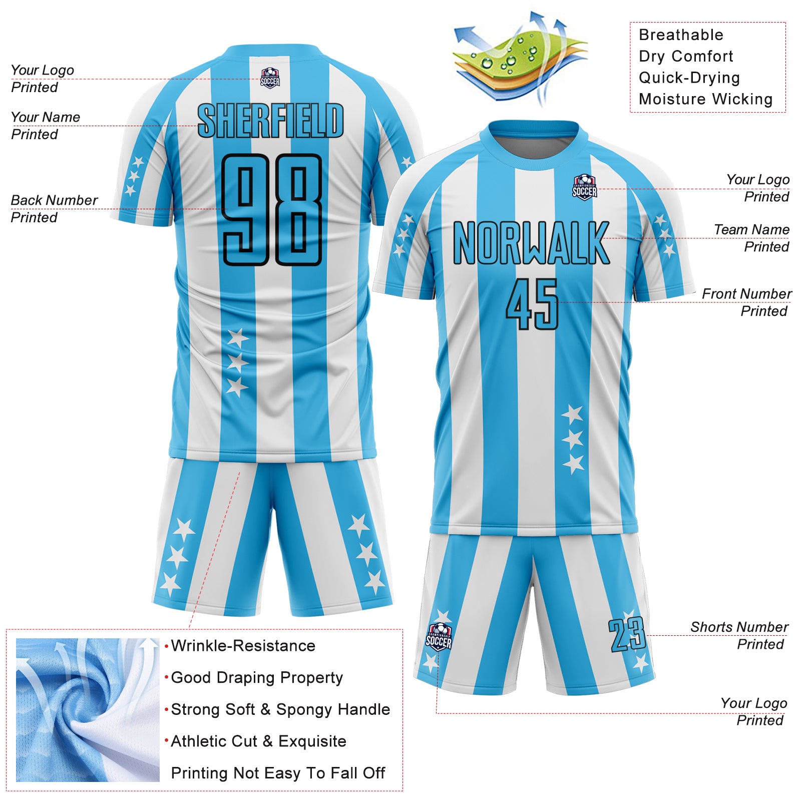 Custom White Sky Blue-Black Stars And Stripes Sublimation Soccer Uniform Jersey