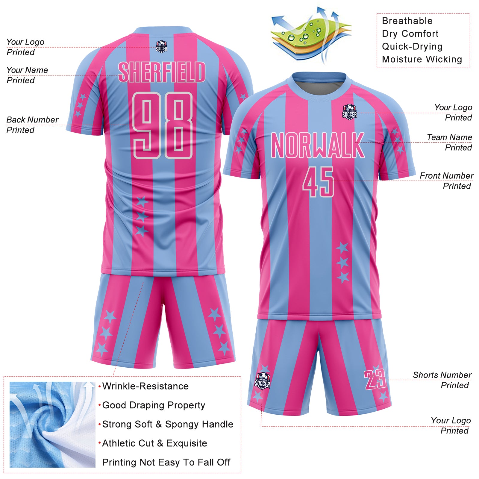 Custom Light Blue Pink-White Stars And Stripes Sports Sublimation Soccer Uniform Jersey