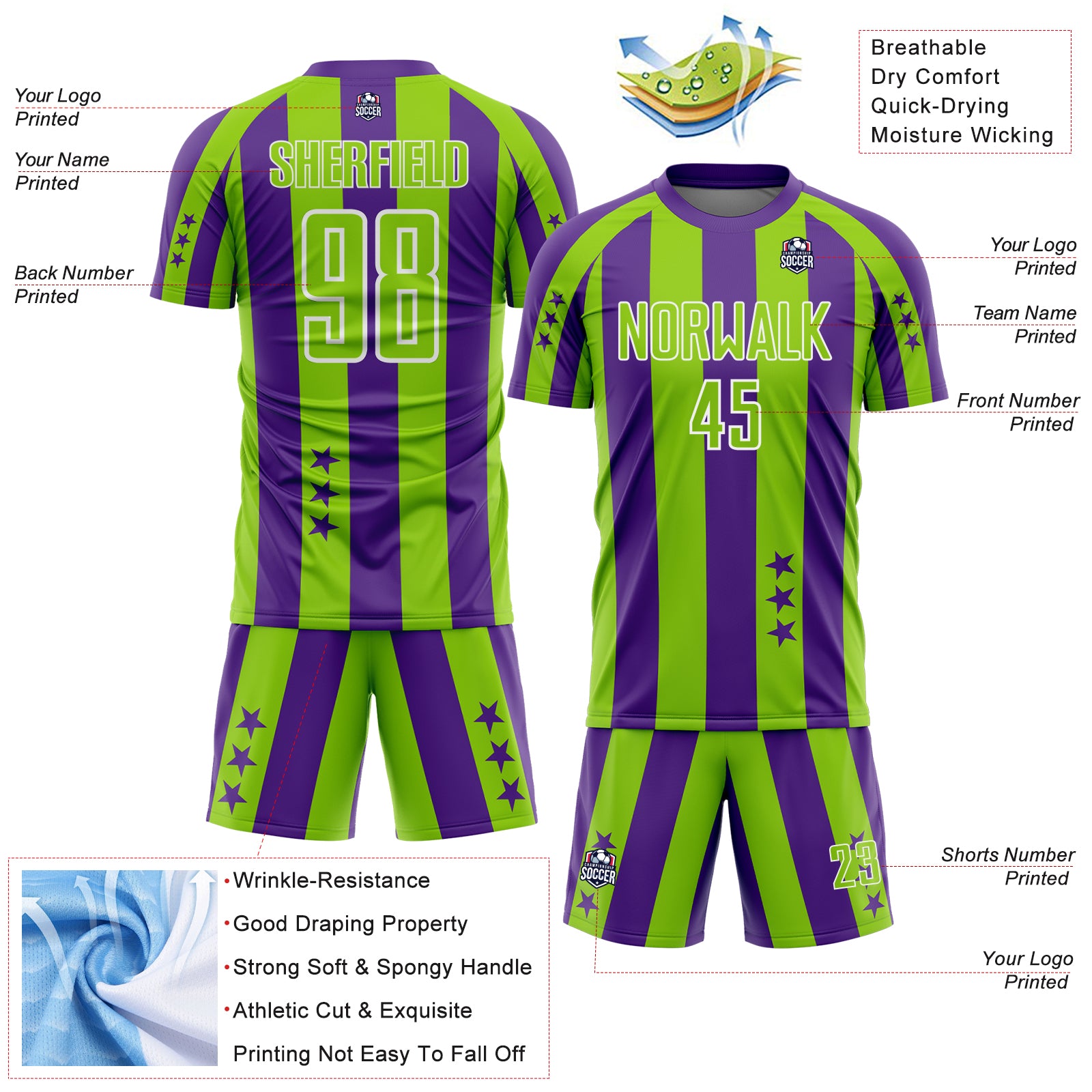 Custom Purple Neon Green-White Stars And Stripes Sports Sublimation Soccer Uniform Jersey
