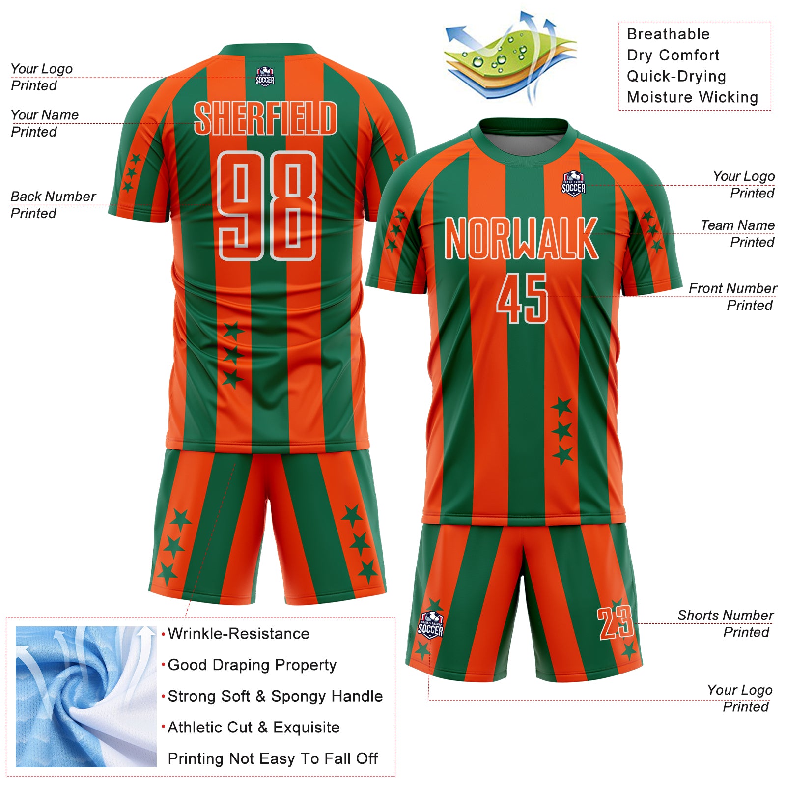Custom Kelly Green Orange-White Stars And Stripes Sports Sublimation Soccer Uniform Jersey