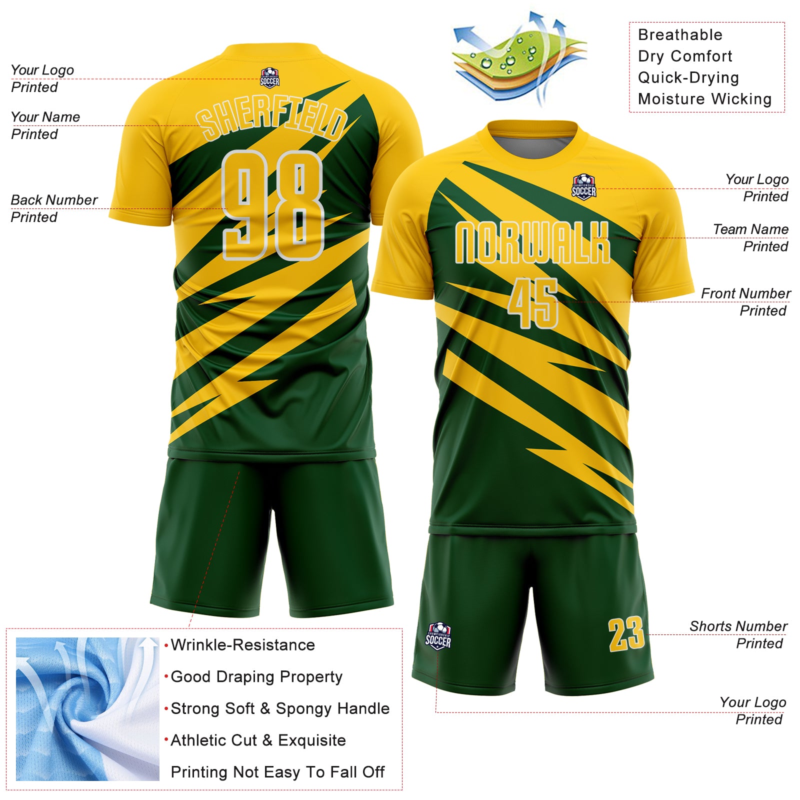 Custom Yellow Green-White Abstract Line Sports Sublimation Soccer Uniform Jersey