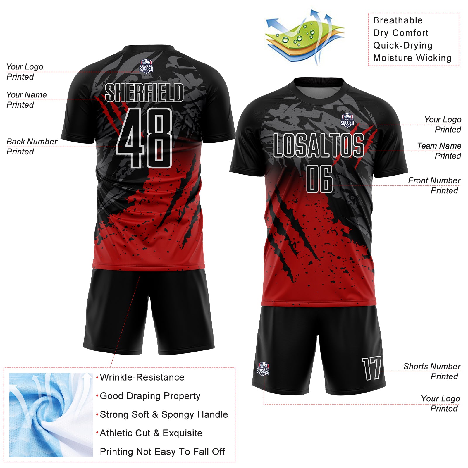 Custom Black Red-White Gradient Scratch Splash Sublimation Soccer Uniform Jersey