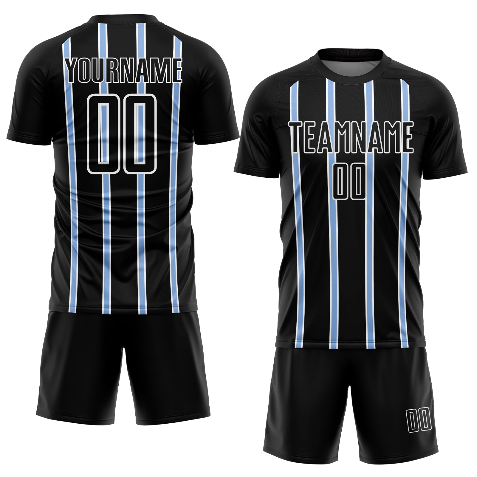 Custom Black Light Blue-White Stripe Line Sublimation Soccer Uniform Jersey