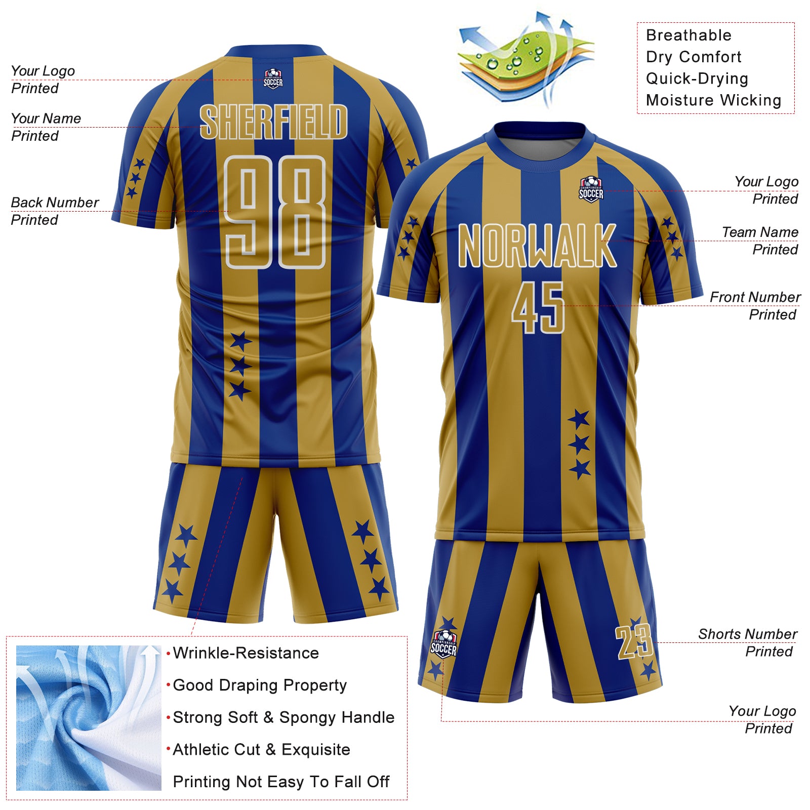 Custom Royal Old Gold-White Stars And Stripes Sports Sublimation Soccer Uniform Jersey