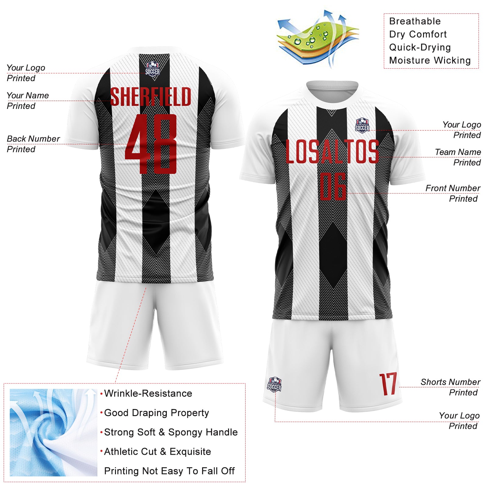 Custom White Red-Black Line Sublimation Soccer Uniform Jersey