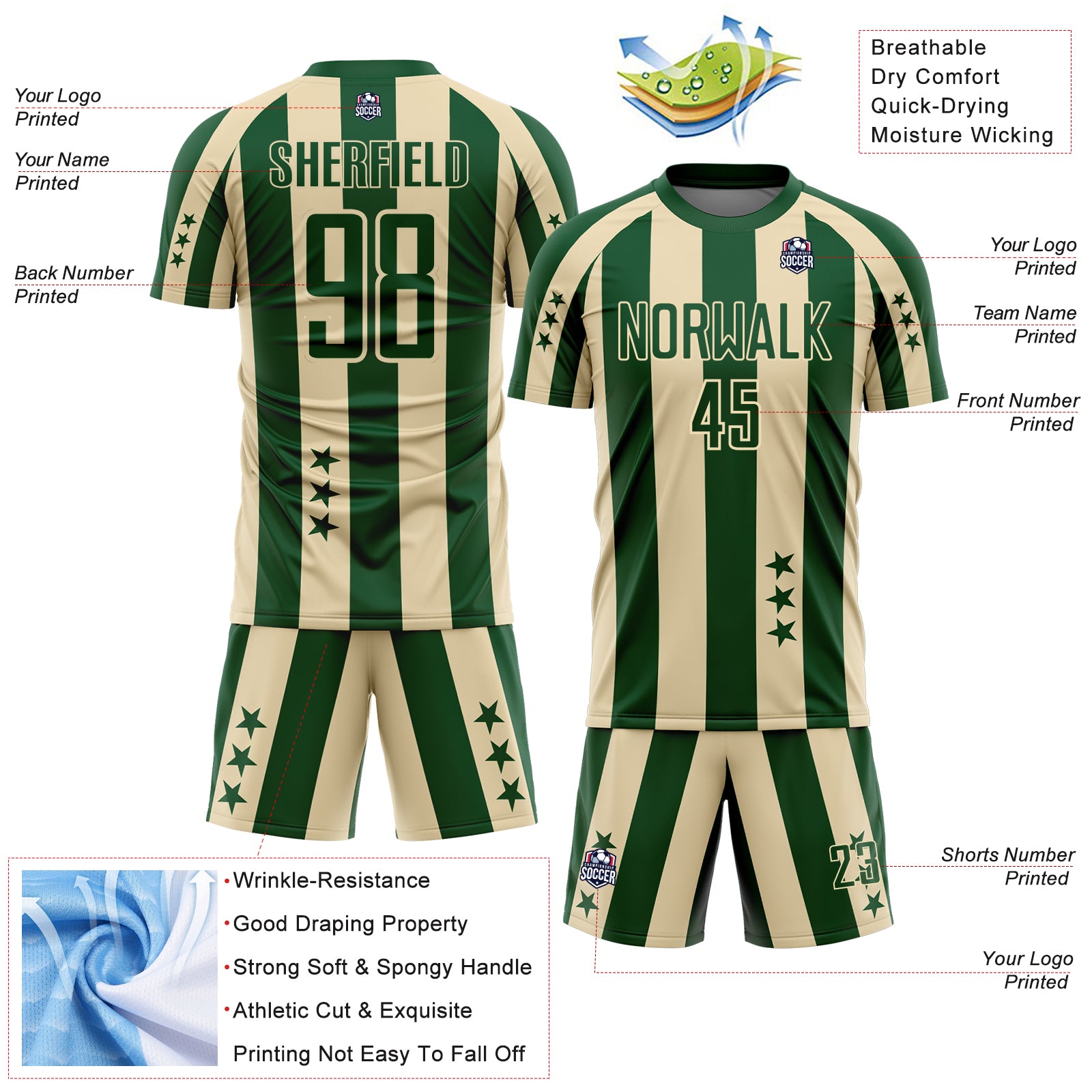 Custom Green Cream Stars And Stripes Sports Sublimation Soccer Uniform Jersey