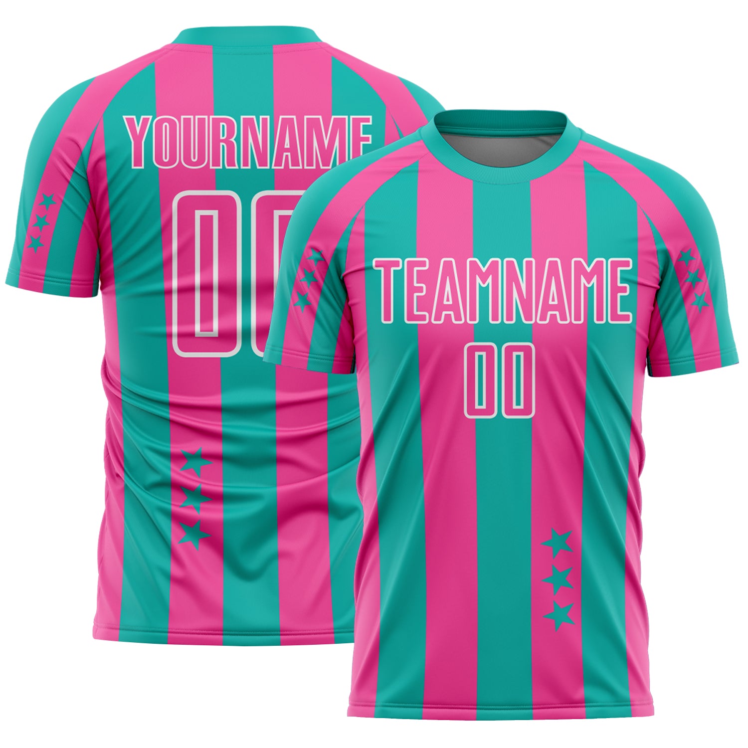 Custom Aqua Pink-White Stars And Stripes Sports Sublimation Soccer Uniform Jersey