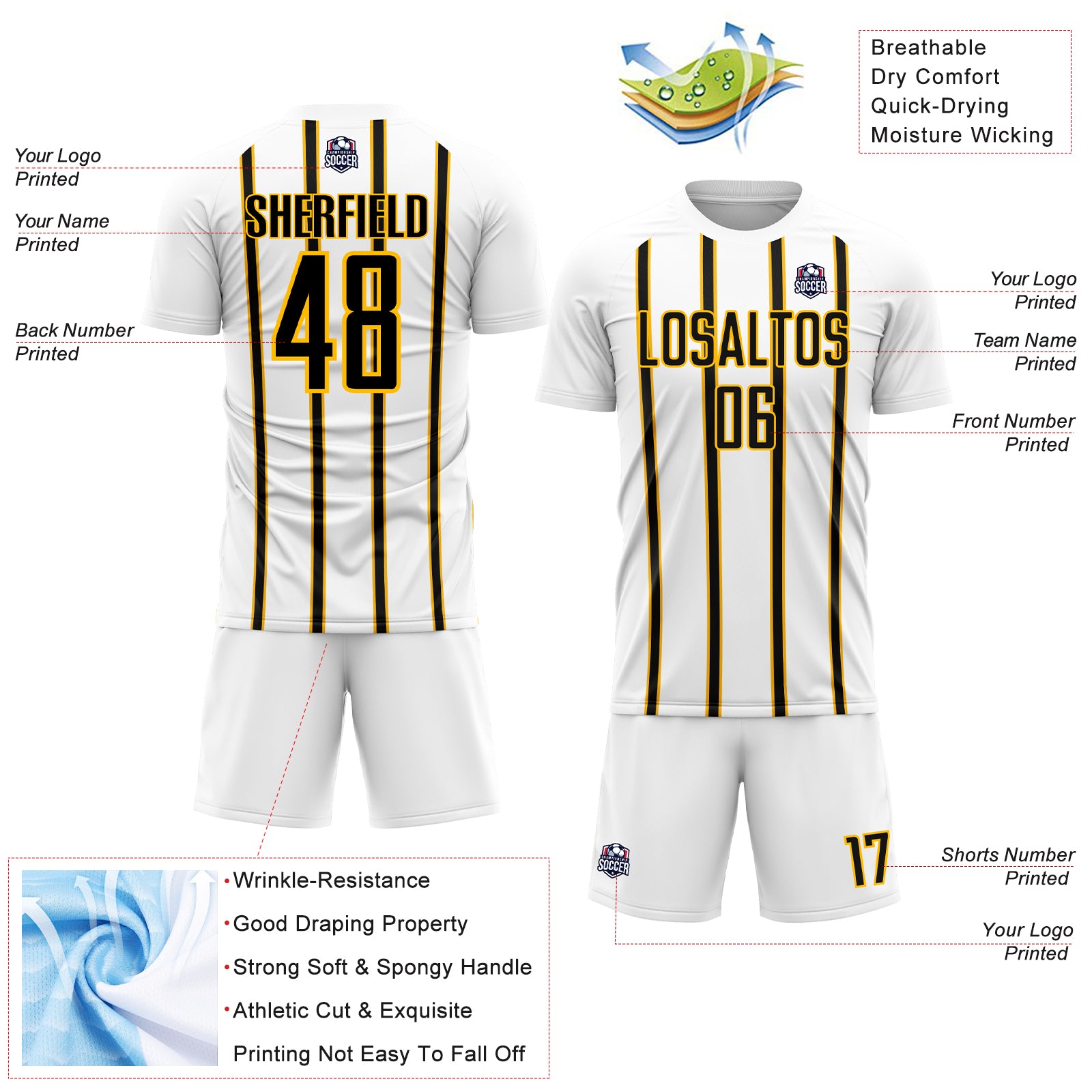 Custom White Black-Gold Stripe Line Sublimation Soccer Uniform Jersey