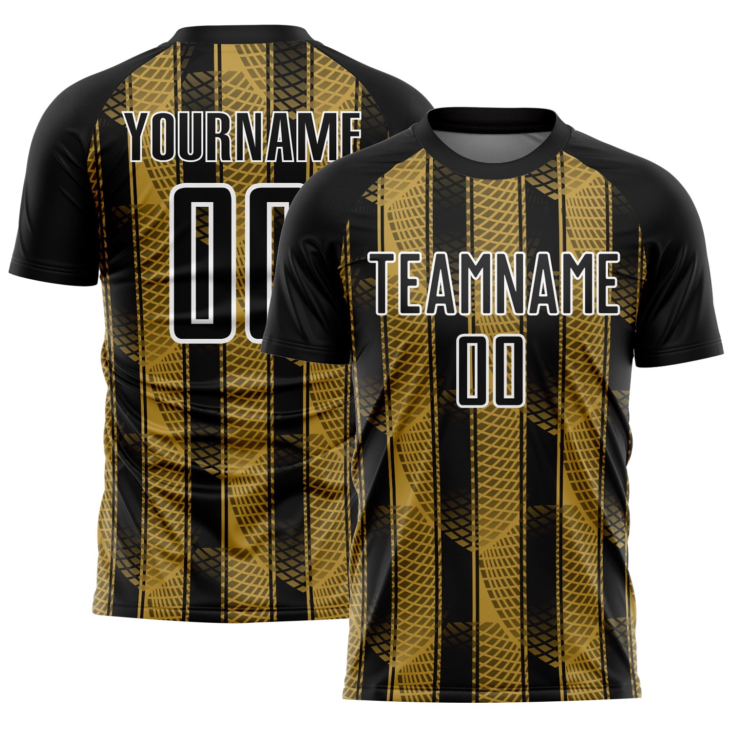 Custom Black Old Gold-White Abstract Network Sublimation Soccer Uniform Jersey