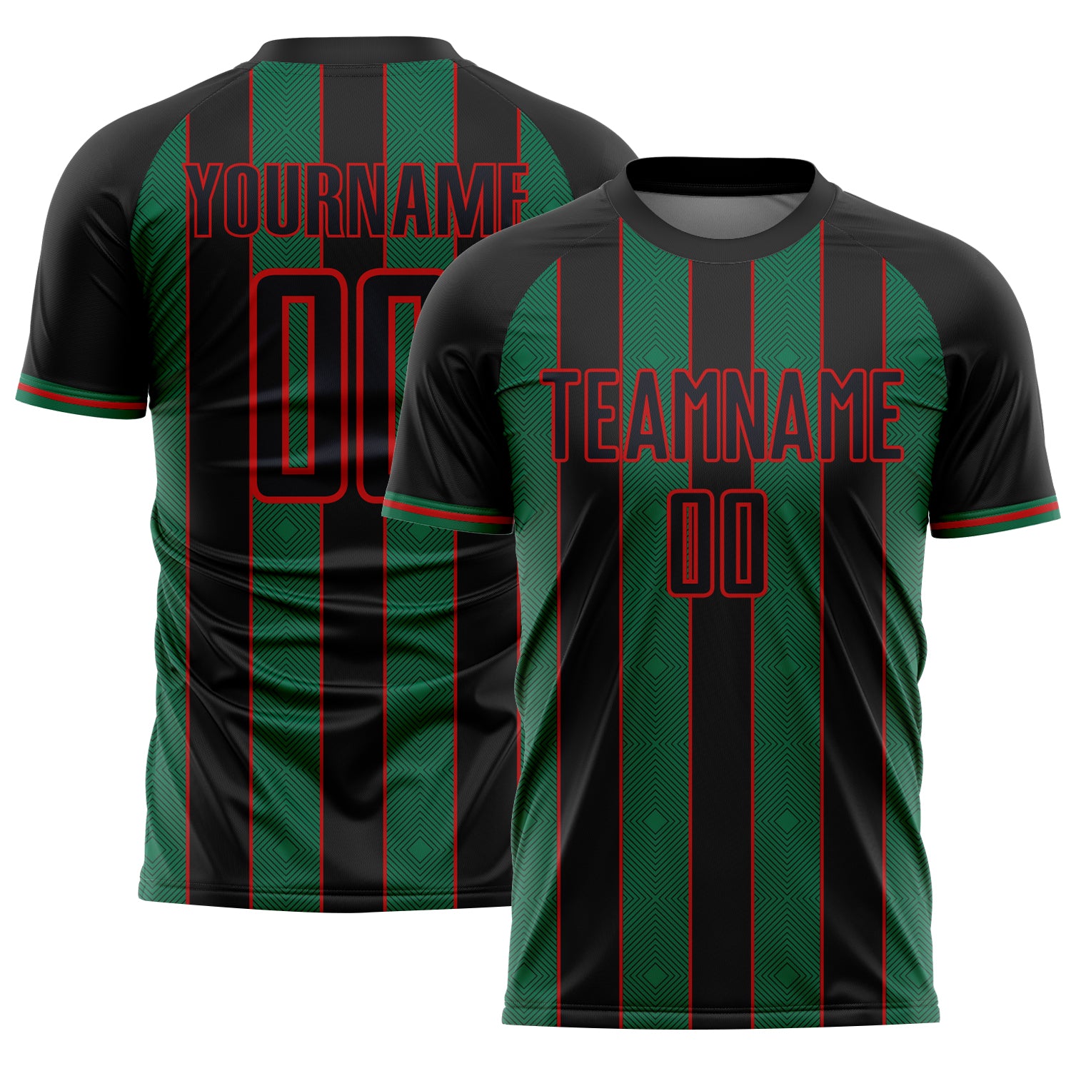 Custom Black Kelly Green-Red Pinstripe Line Sports Sublimation Soccer Uniform Jersey