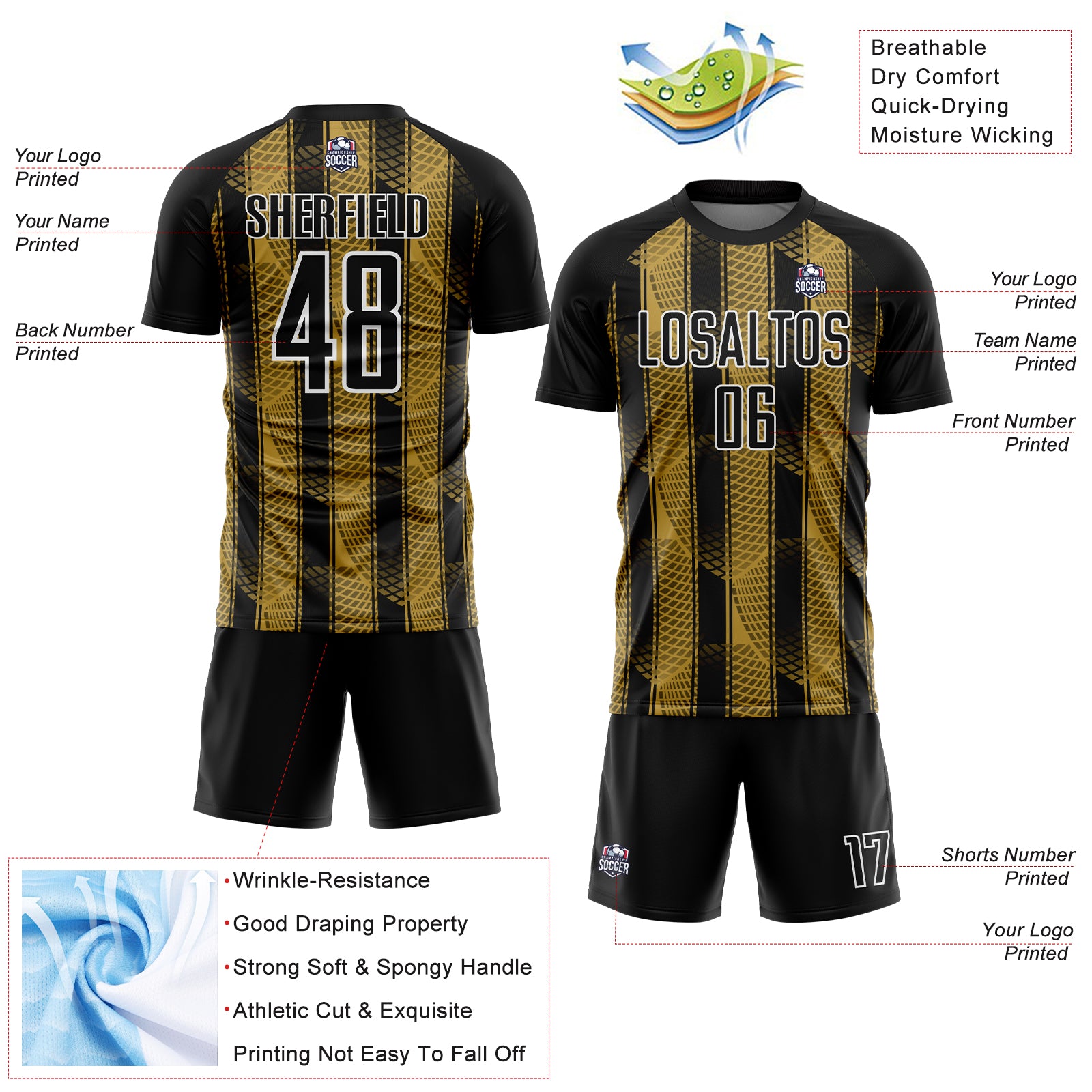 Custom Black Old Gold-White Abstract Network Sublimation Soccer Uniform Jersey