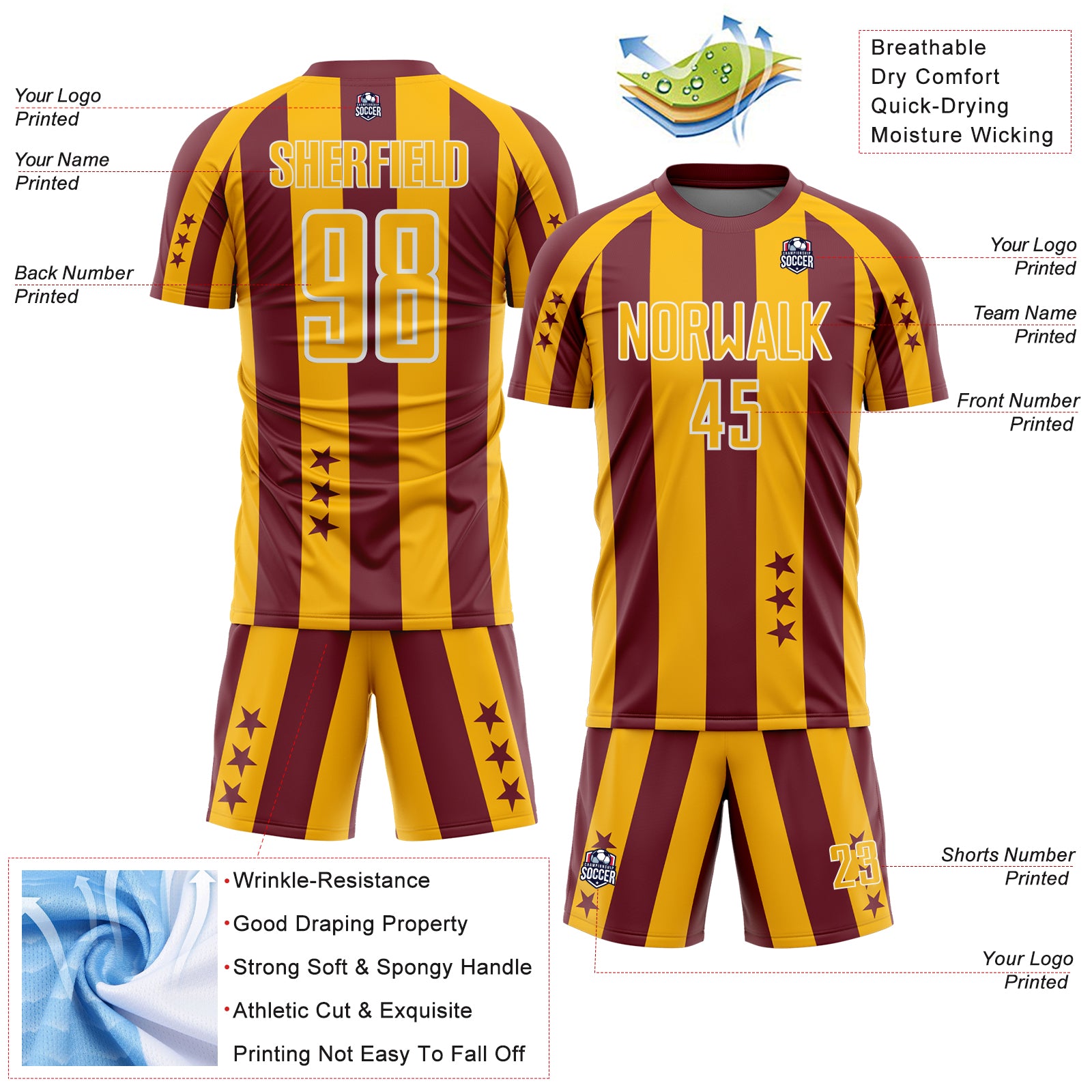 Custom Burgundy Gold-White Stars And Stripes Sports Sublimation Soccer Uniform Jersey