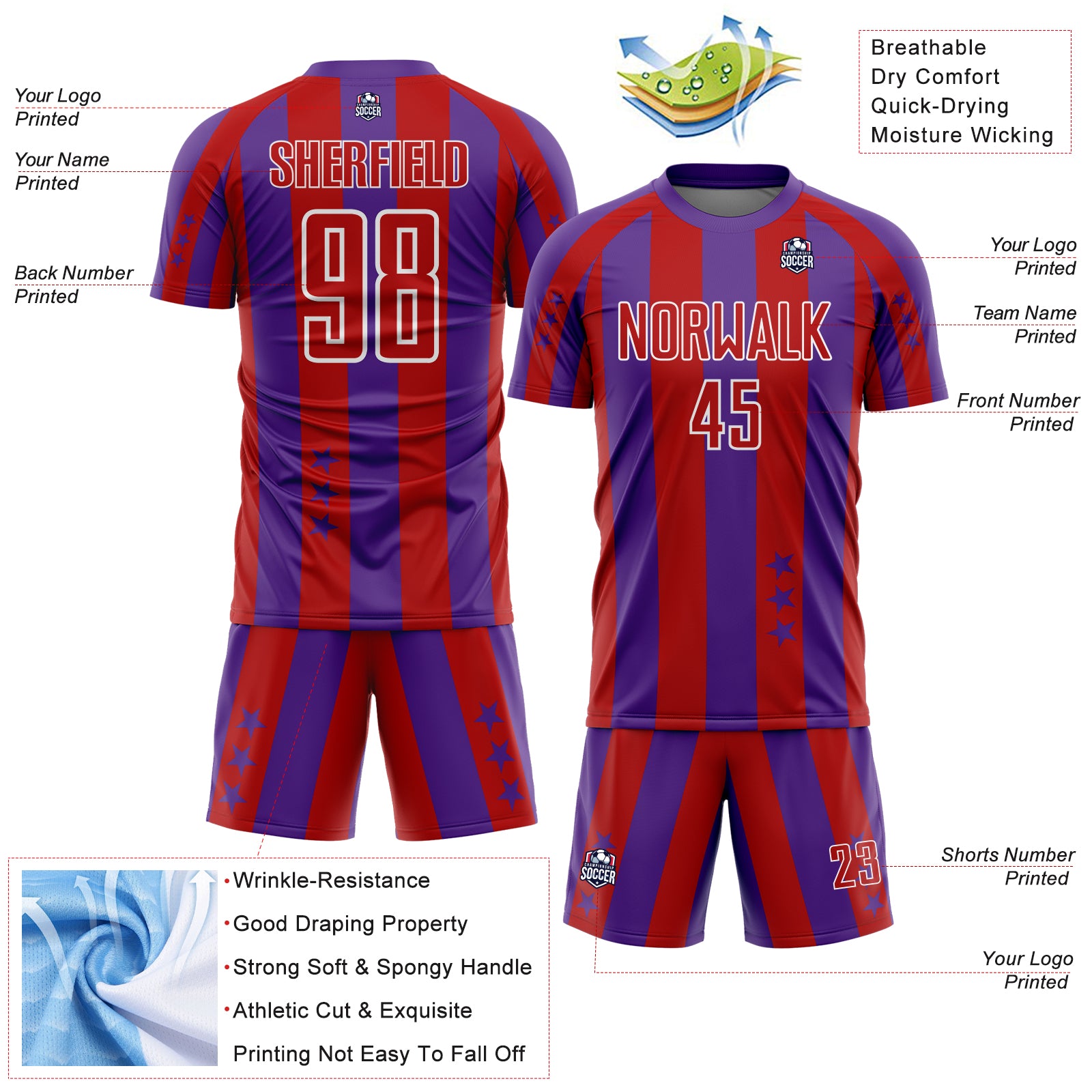 Custom Purple Red-White Stars And Stripes Sports Sublimation Soccer Uniform Jersey