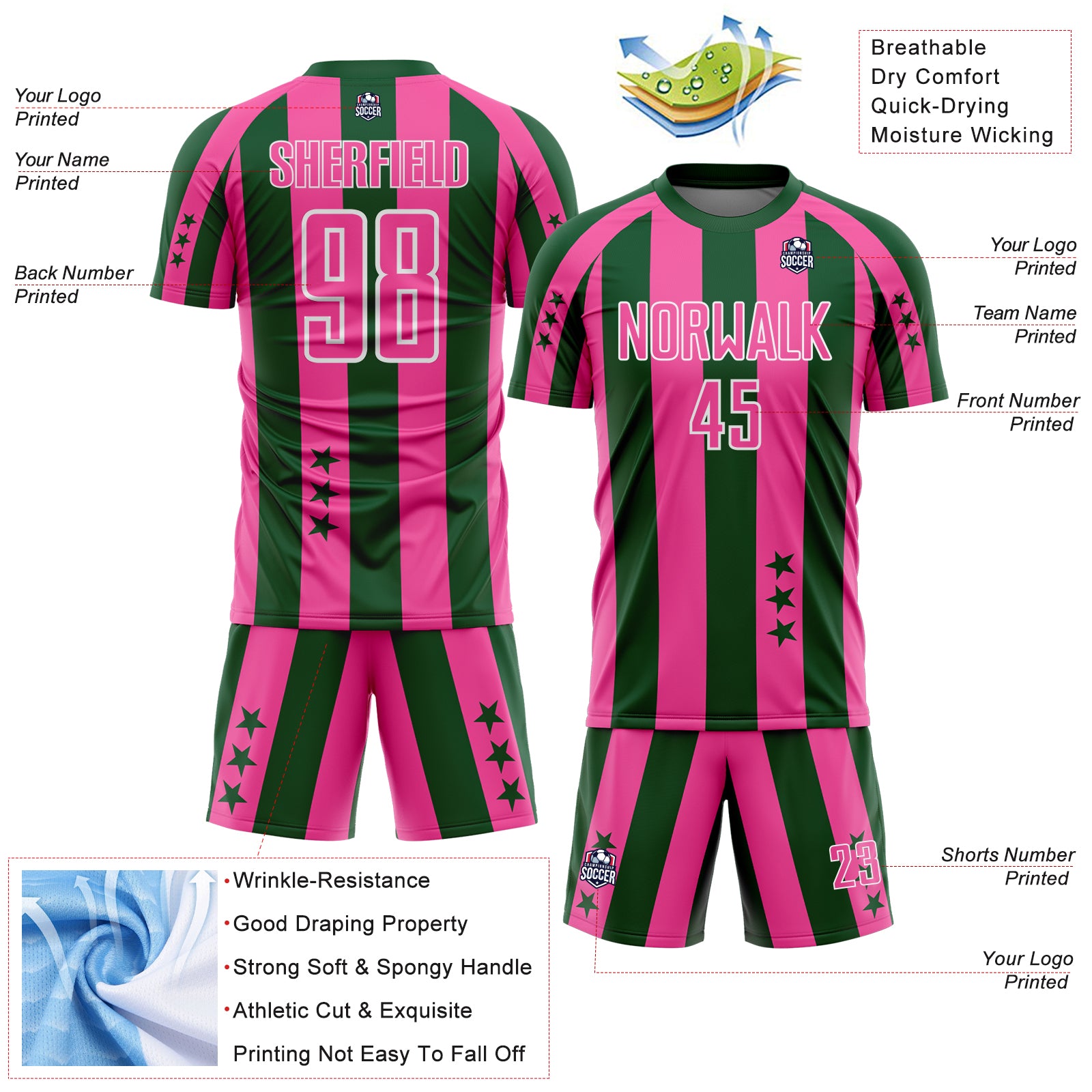 Custom Green Pink-White Stars And Stripes Sports Sublimation Soccer Uniform Jersey
