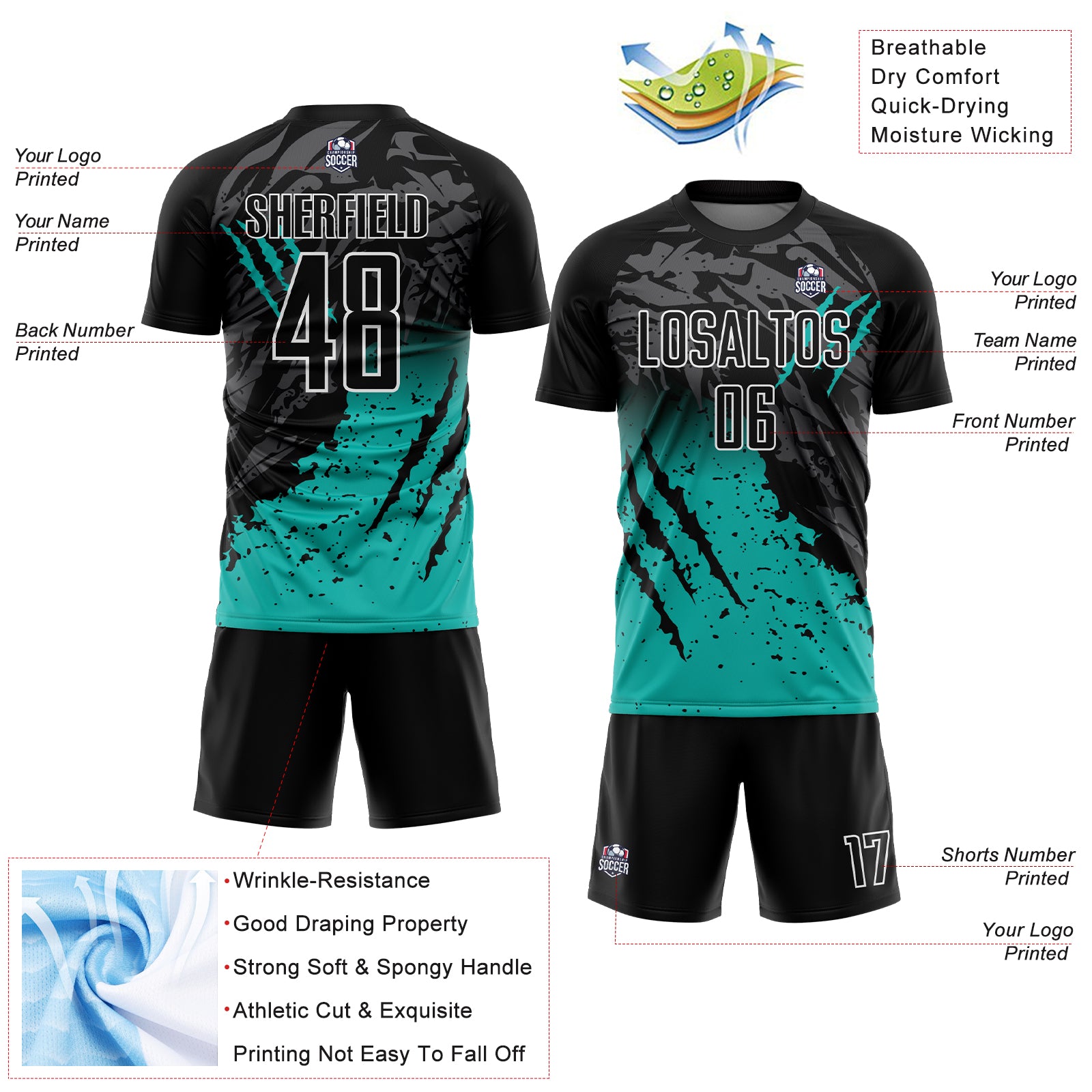 Custom Black Aqua-White Gradient Scratch Splash Sublimation Soccer Uniform Jersey