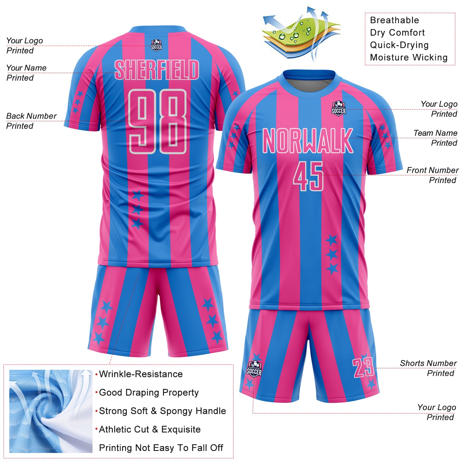 Custom Powder Blue Pink-White Stars And Stripes Sports Sublimation Soccer Uniform Jersey