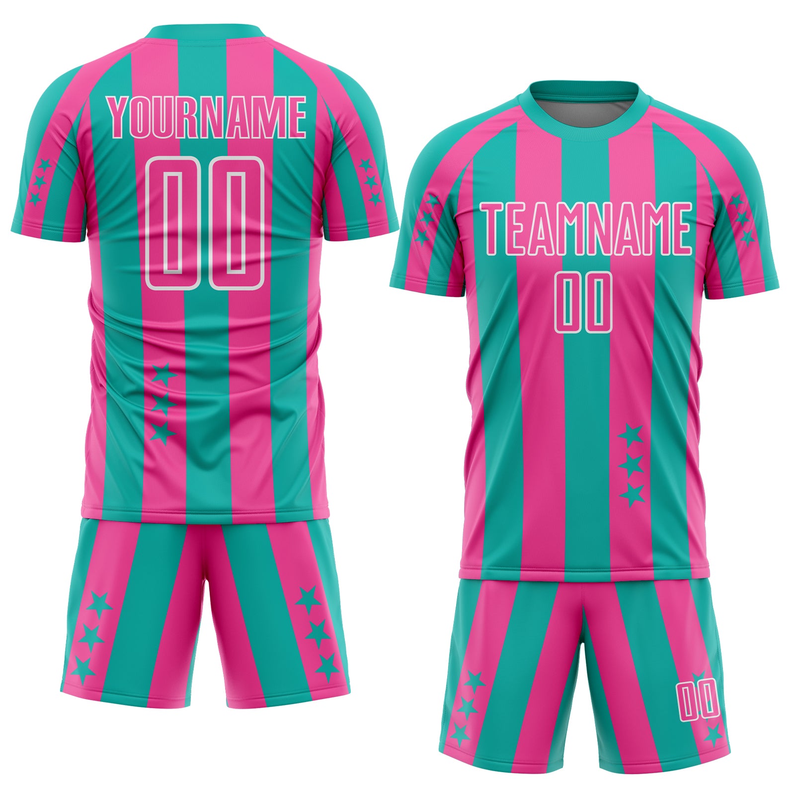 Custom Aqua Pink-White Stars And Stripes Sports Sublimation Soccer Uniform Jersey