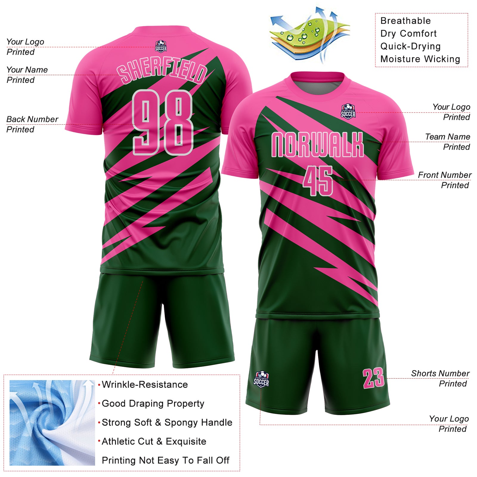 Custom Pink Green-White Abstract Line Sports Sublimation Soccer Uniform Jersey