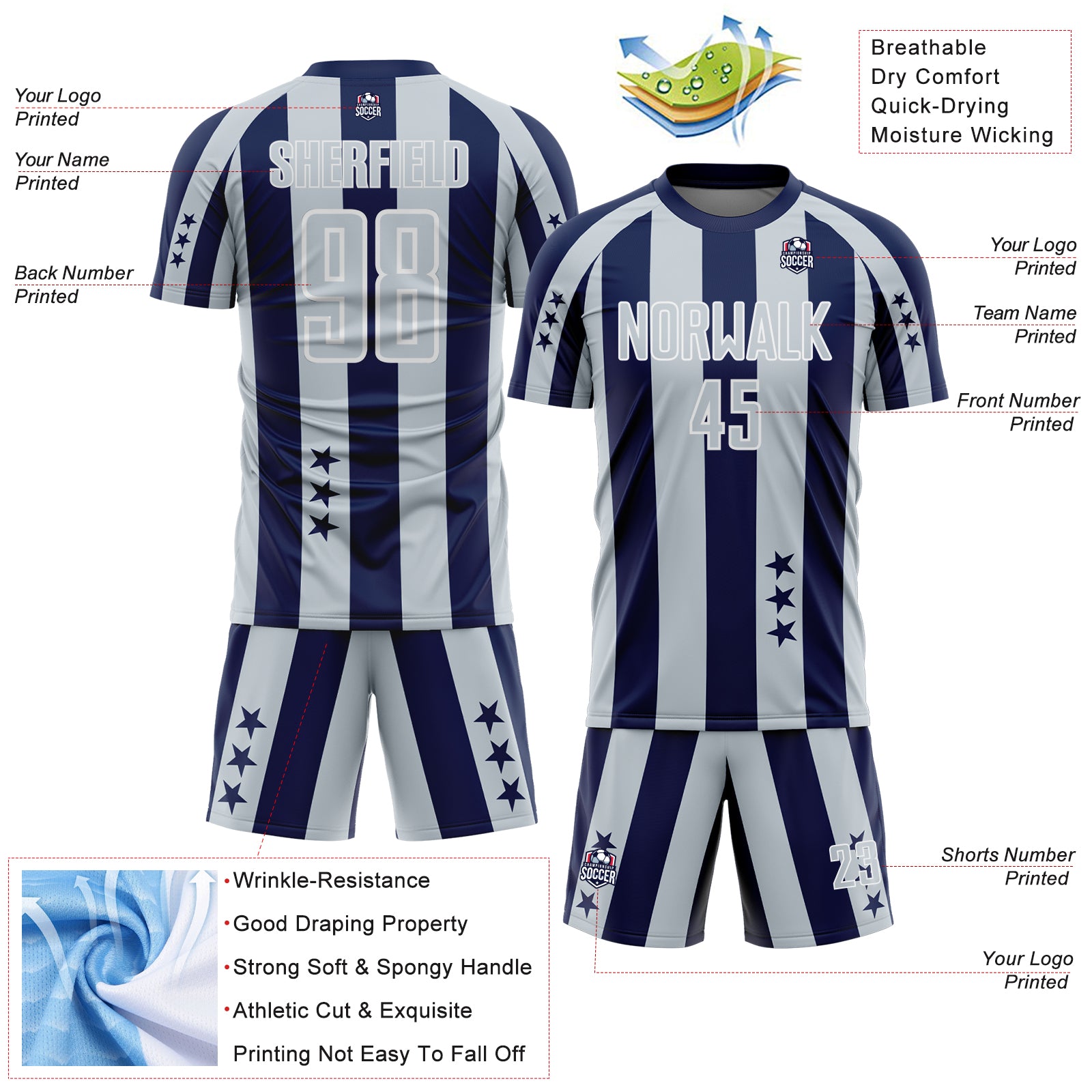 Custom Navy Silver-White Stars And Stripes Sports Sublimation Soccer Uniform Jersey