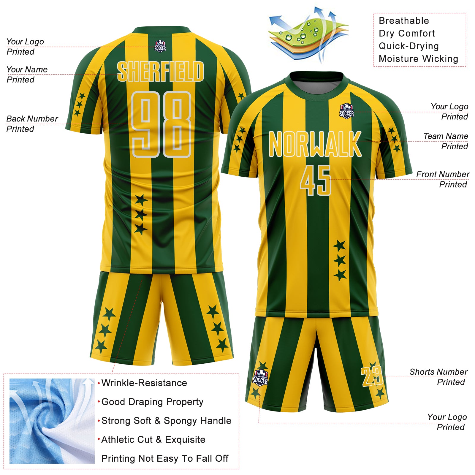 Custom Green Yellow-White Stars And Stripes Sports Sublimation Soccer Uniform Jersey