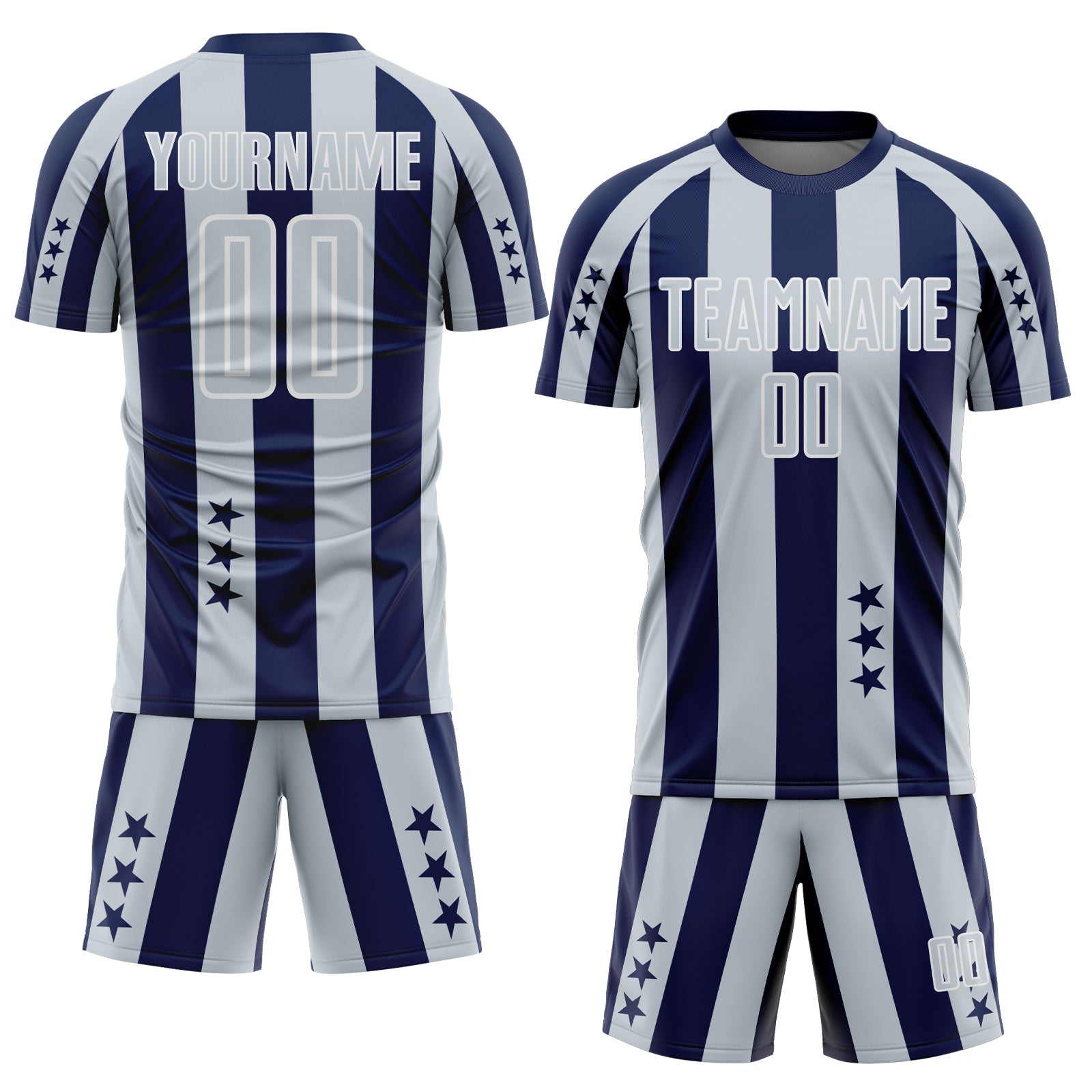 Custom Navy Silver-White Stars And Stripes Sports Sublimation Soccer Uniform Jersey