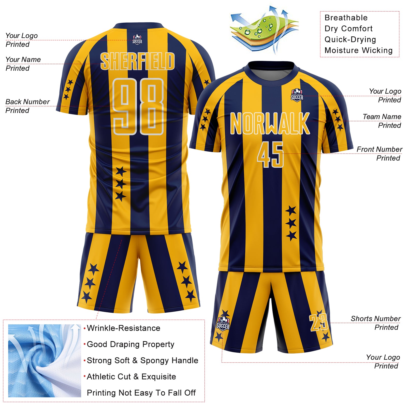 Custom Navy Gold-White Stars And Stripes Sports Sublimation Soccer Uniform Jersey