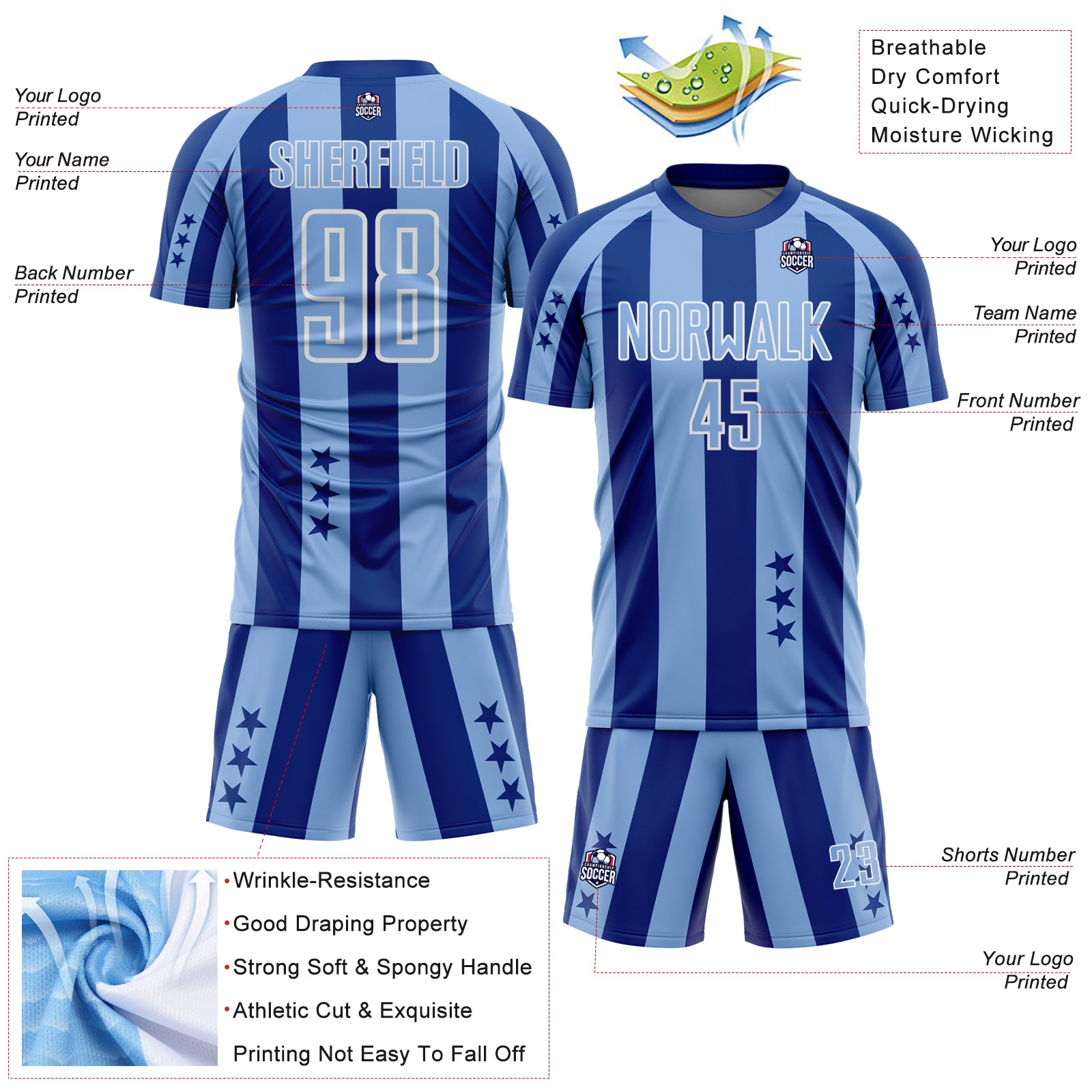 Custom Royal Light Blue-White Stars And Stripes Sports Sublimation Soccer Uniform Jersey